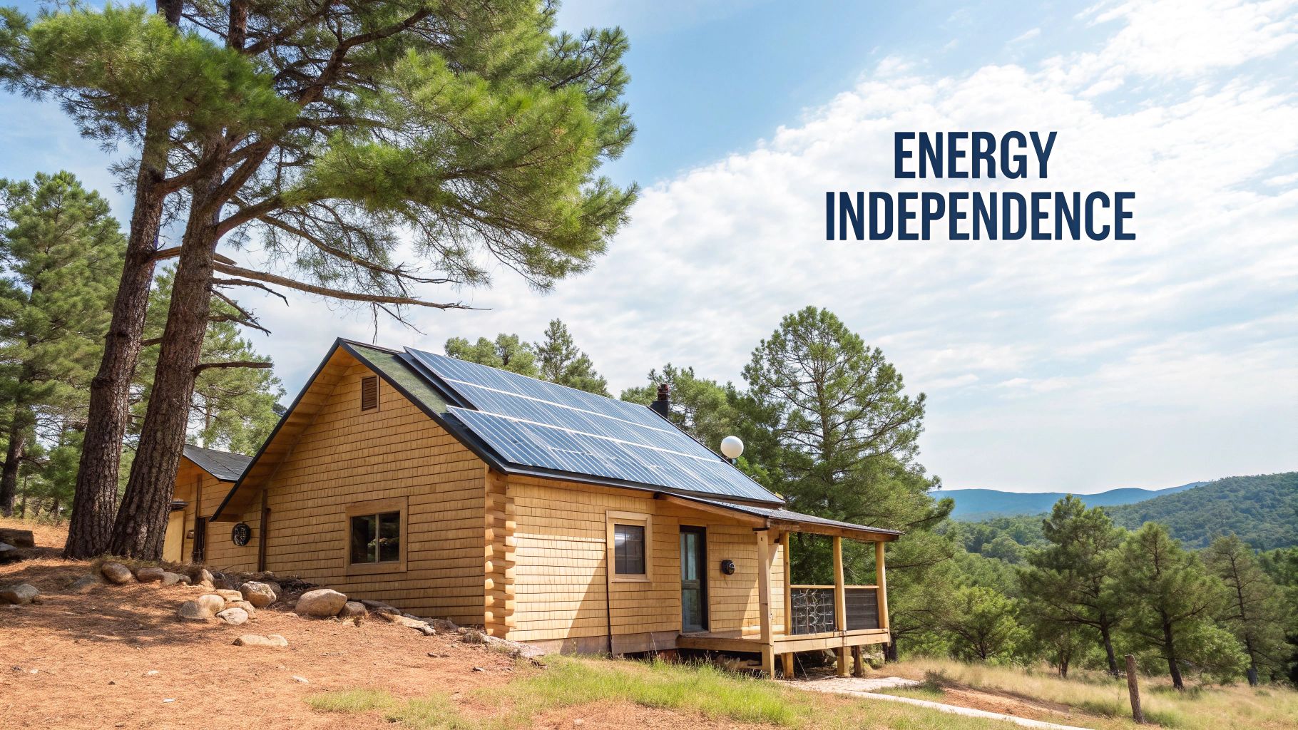 A modern off-grid home with solar panels on the roof and a battery system visible in the garage.