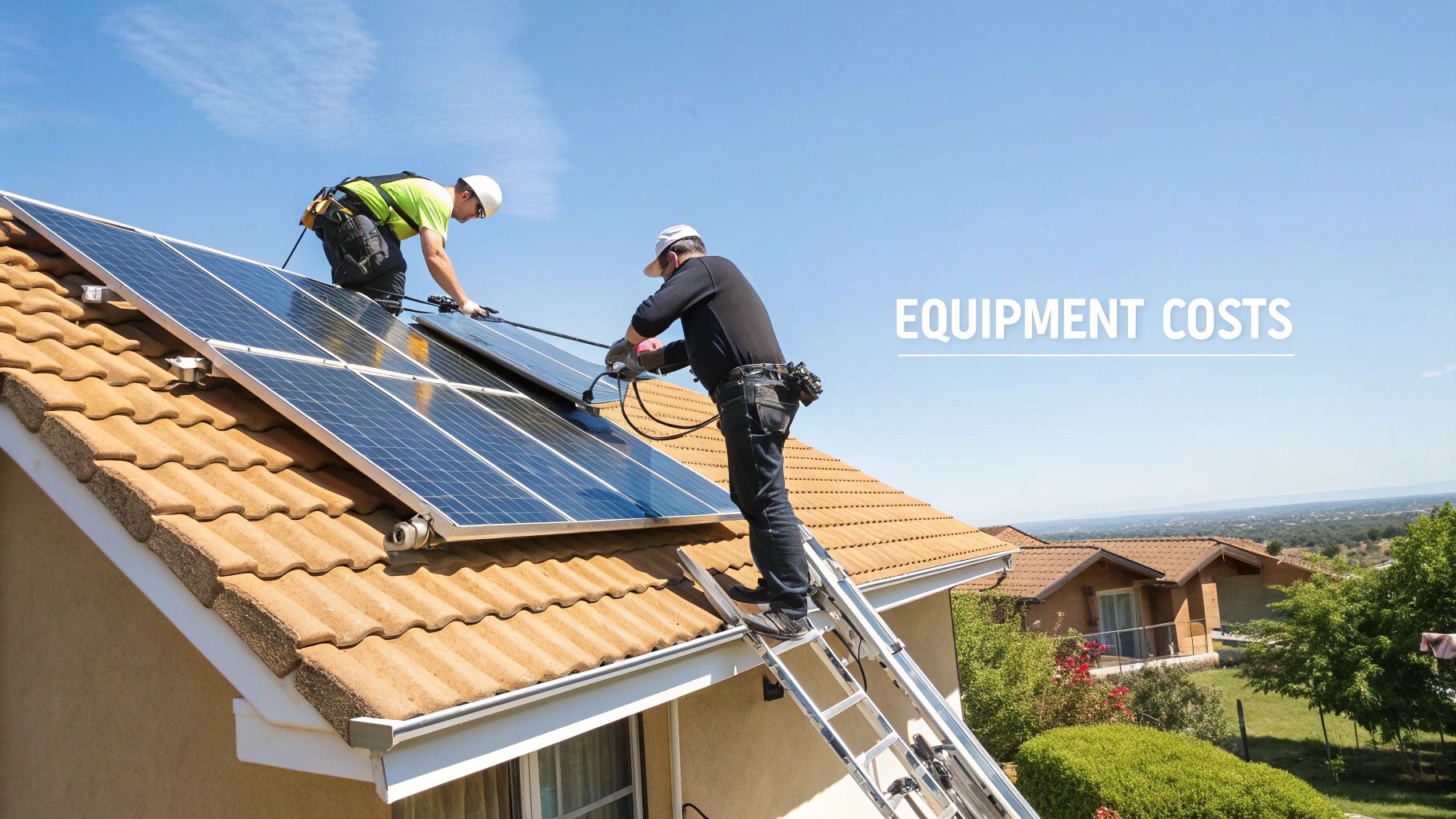 A solar panel being installed on a residential roof.