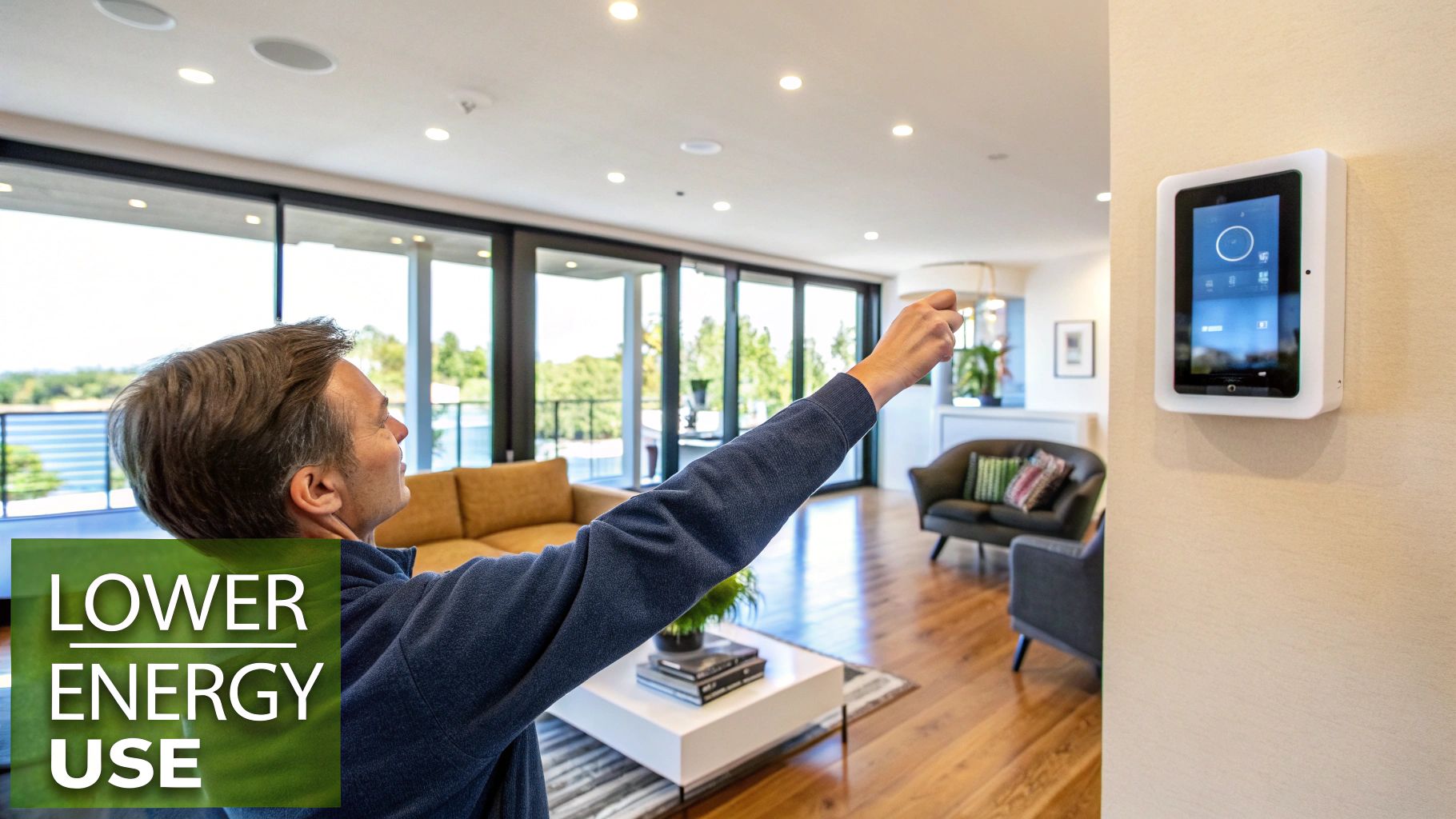 A person turning off a light switch to save energy.
