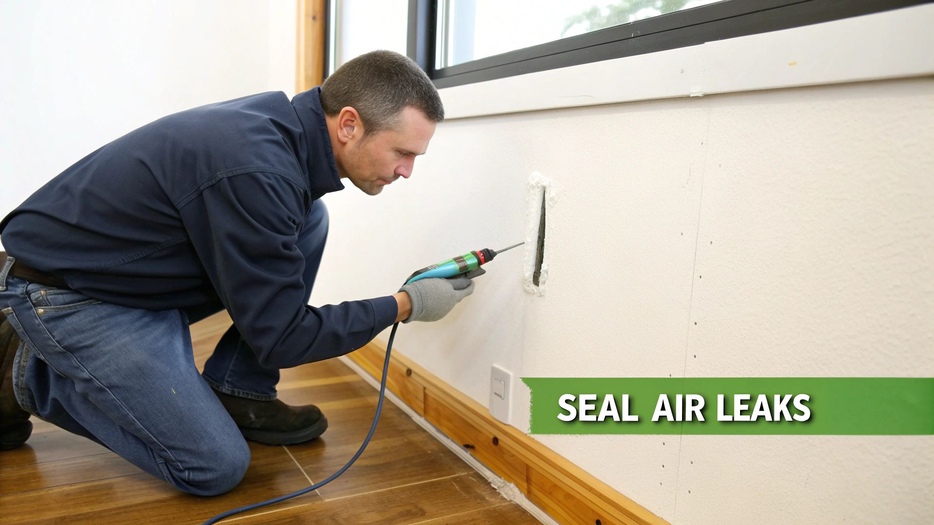 A professional conducting a blower door test in a home's doorway to measure air infiltration.