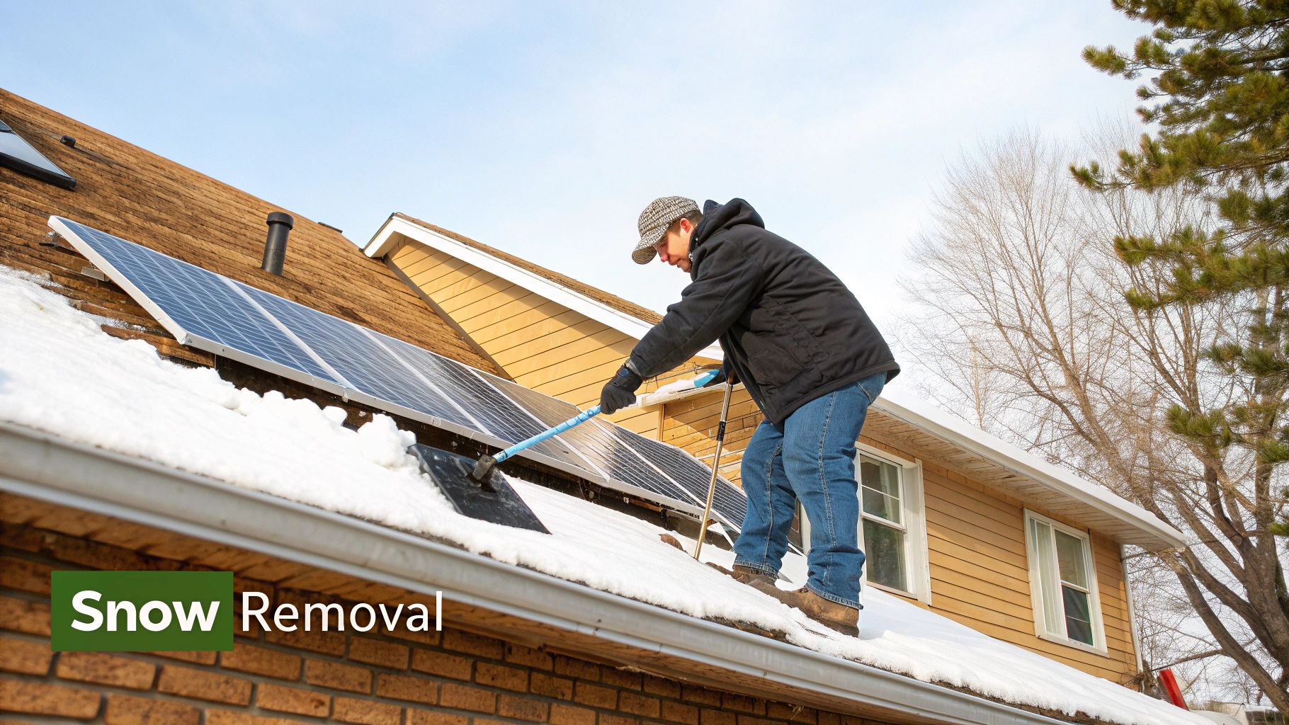 A person using a long-handled, soft rake to gently clear snow off of rooftop solar panels.