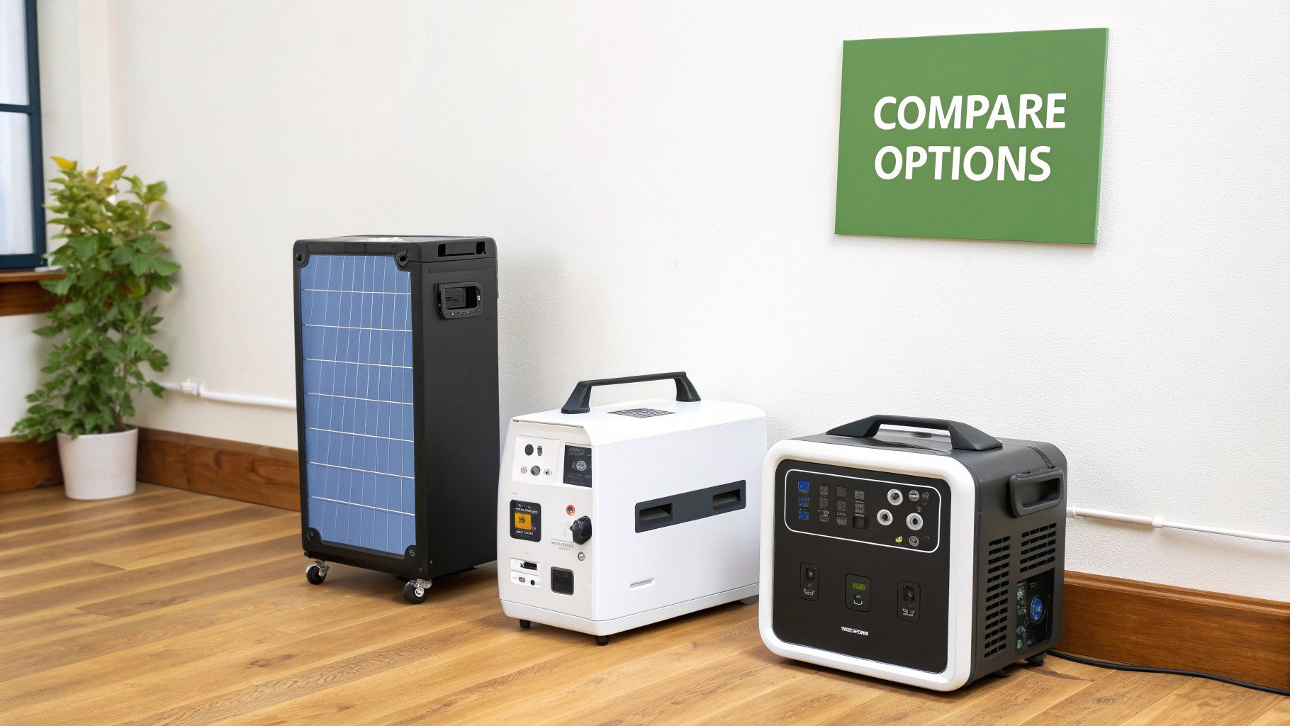 A clean, modern home battery system mounted on a garage wall, symbolizing the different types of power solutions.