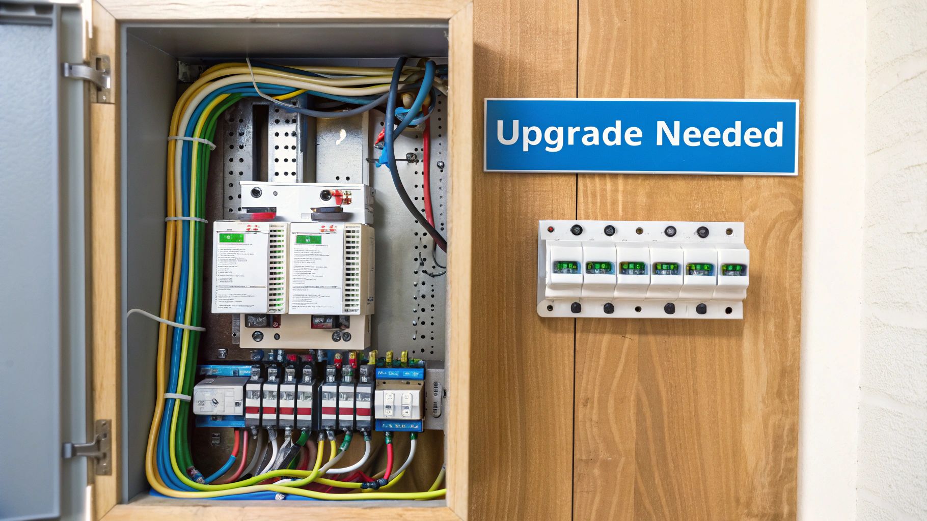 A modern electrical panel with breakers, ready for a solar installation.