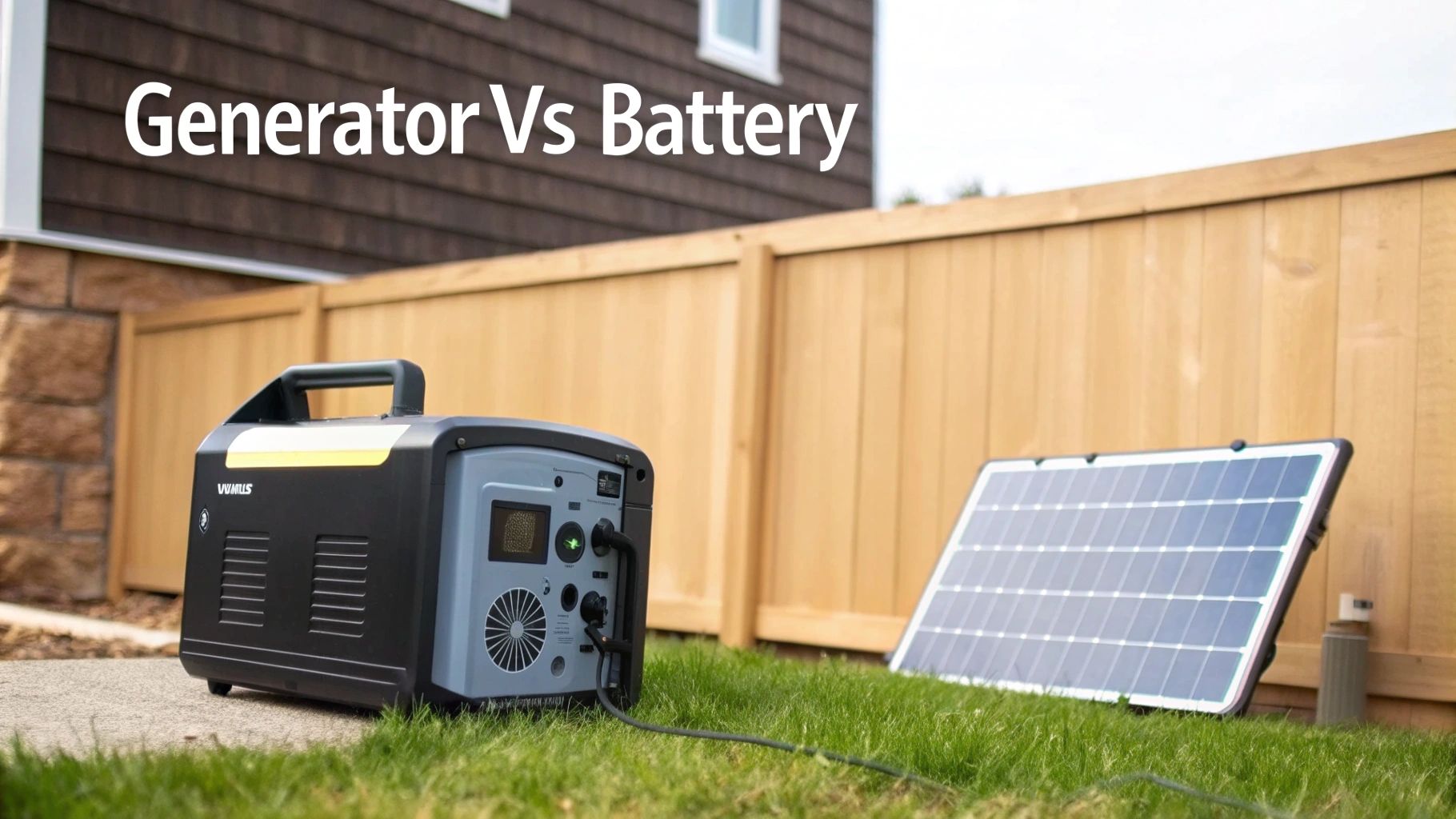 A split image showing a traditional generator on one side and a sleek home battery system on the other.