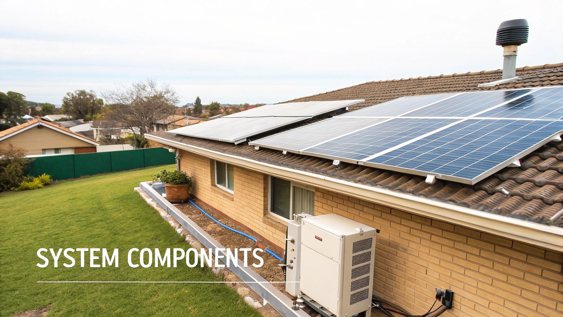 Diagram showing solar panels, inverter, and meter connecting to a house and the grid.