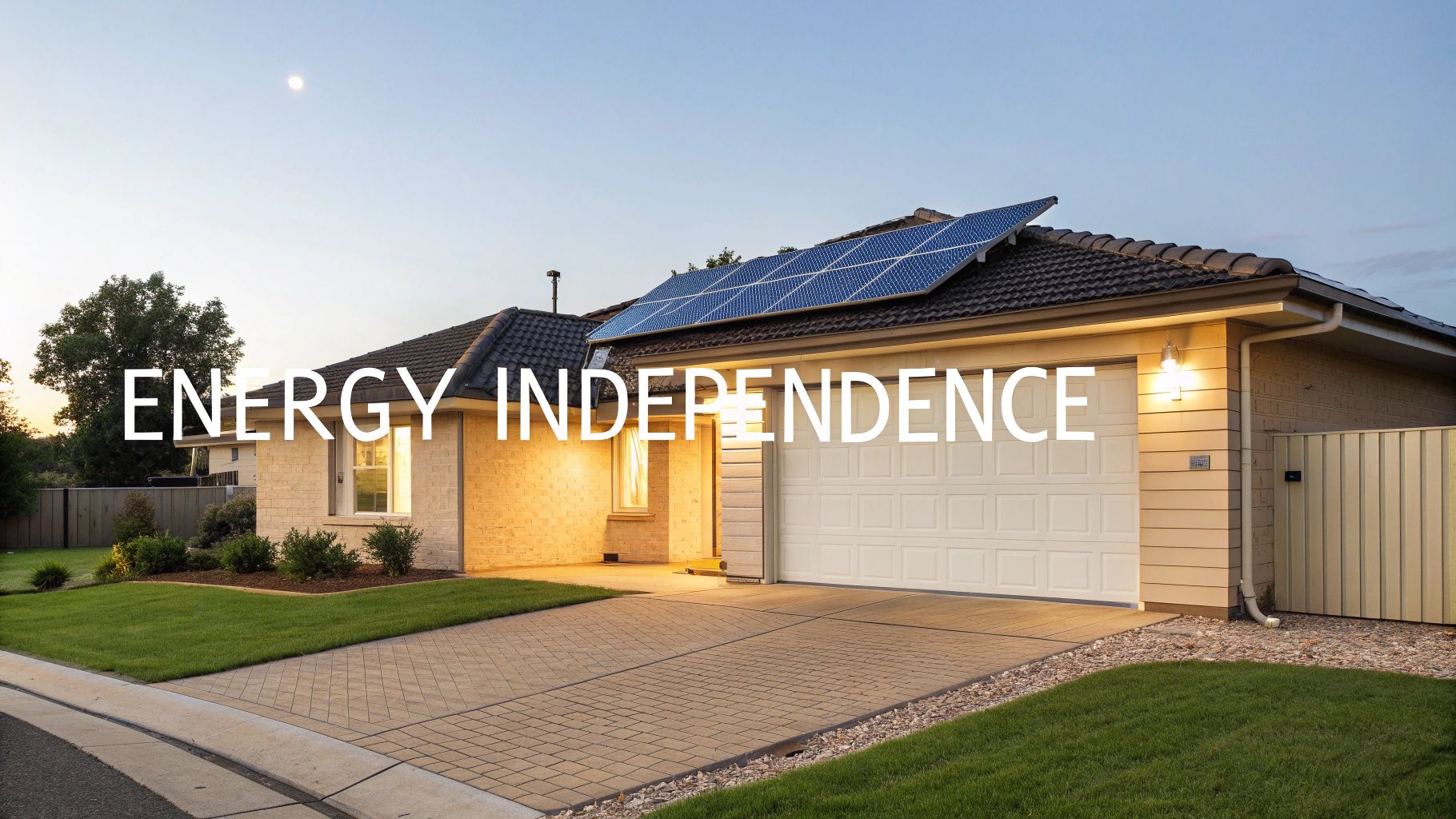 A modern home with solar panels on the roof and a visible battery storage unit in the garage, symbolizing energy independence.