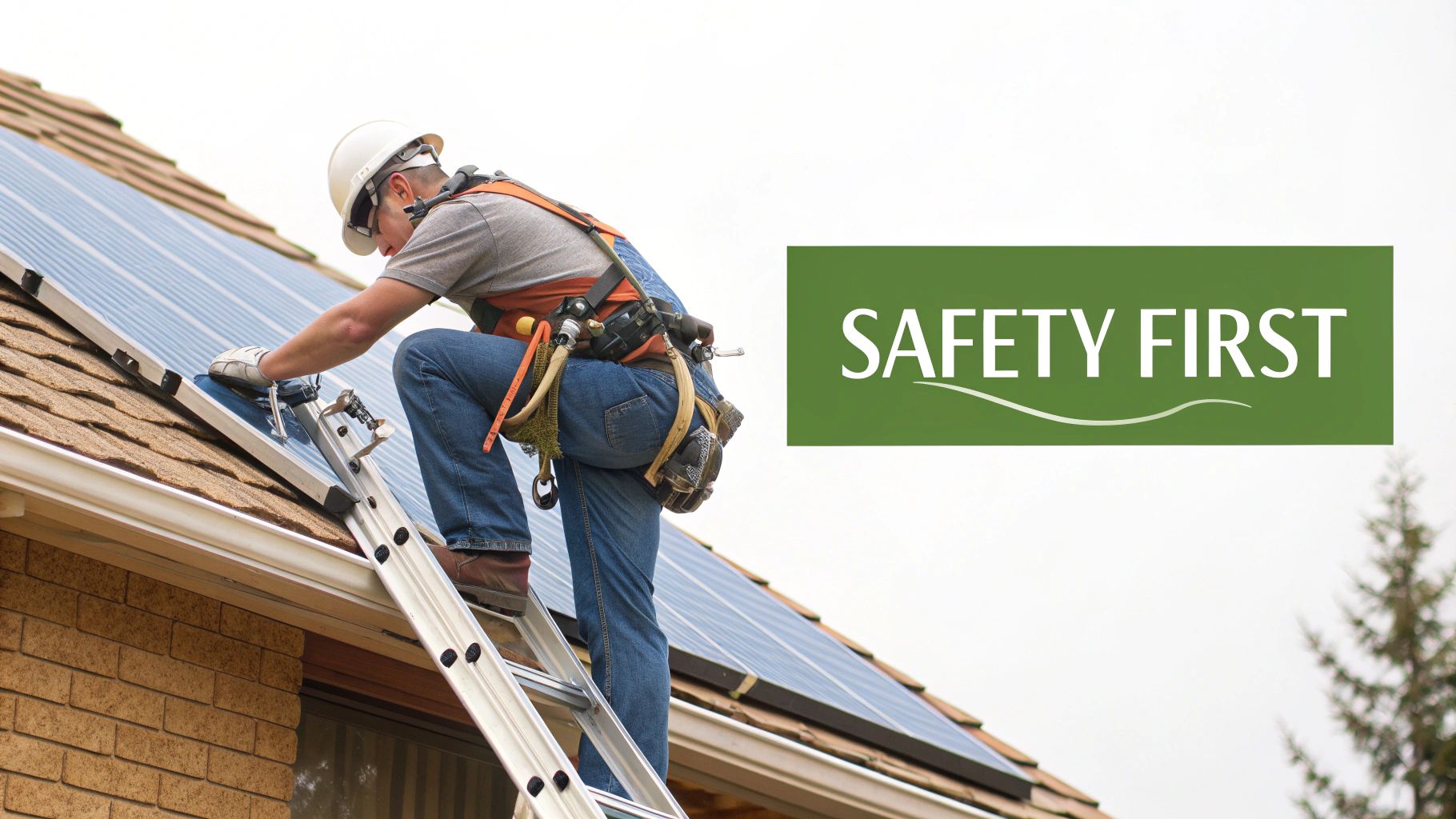 A person safely inspecting solar panels on a residential roof with proper gear.