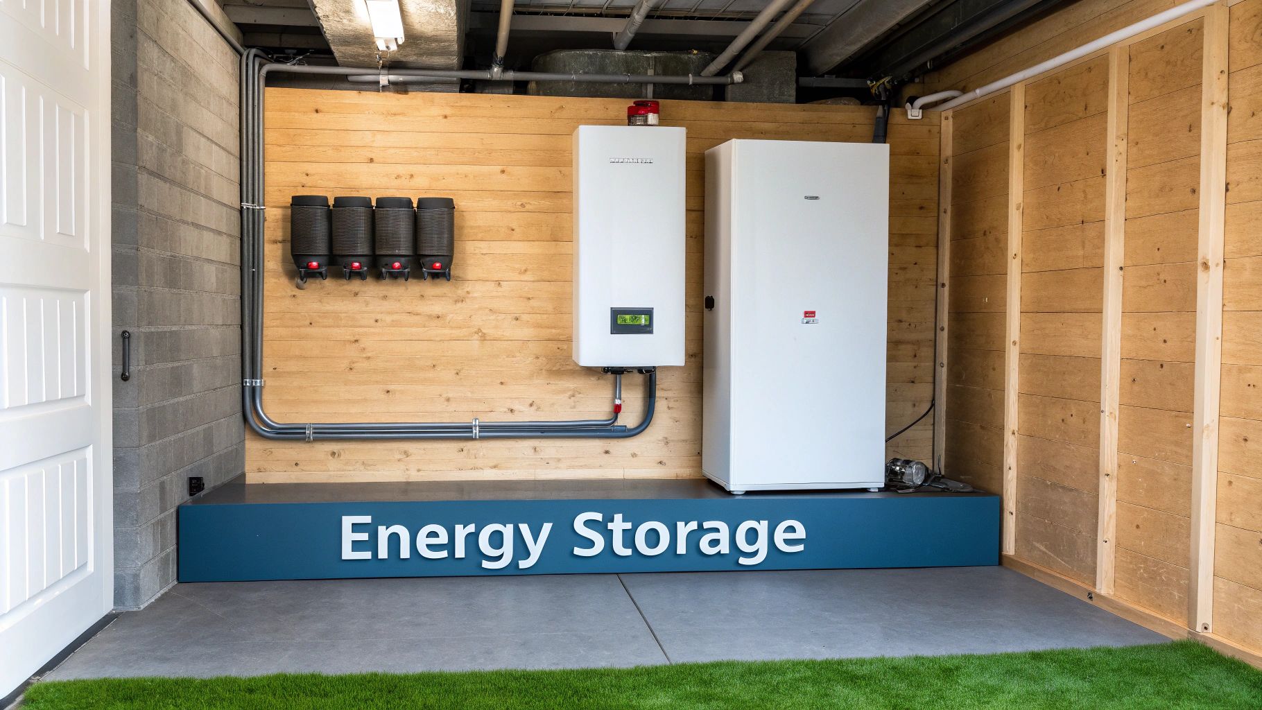 A modern solar battery storage unit mounted on the wall of a home.