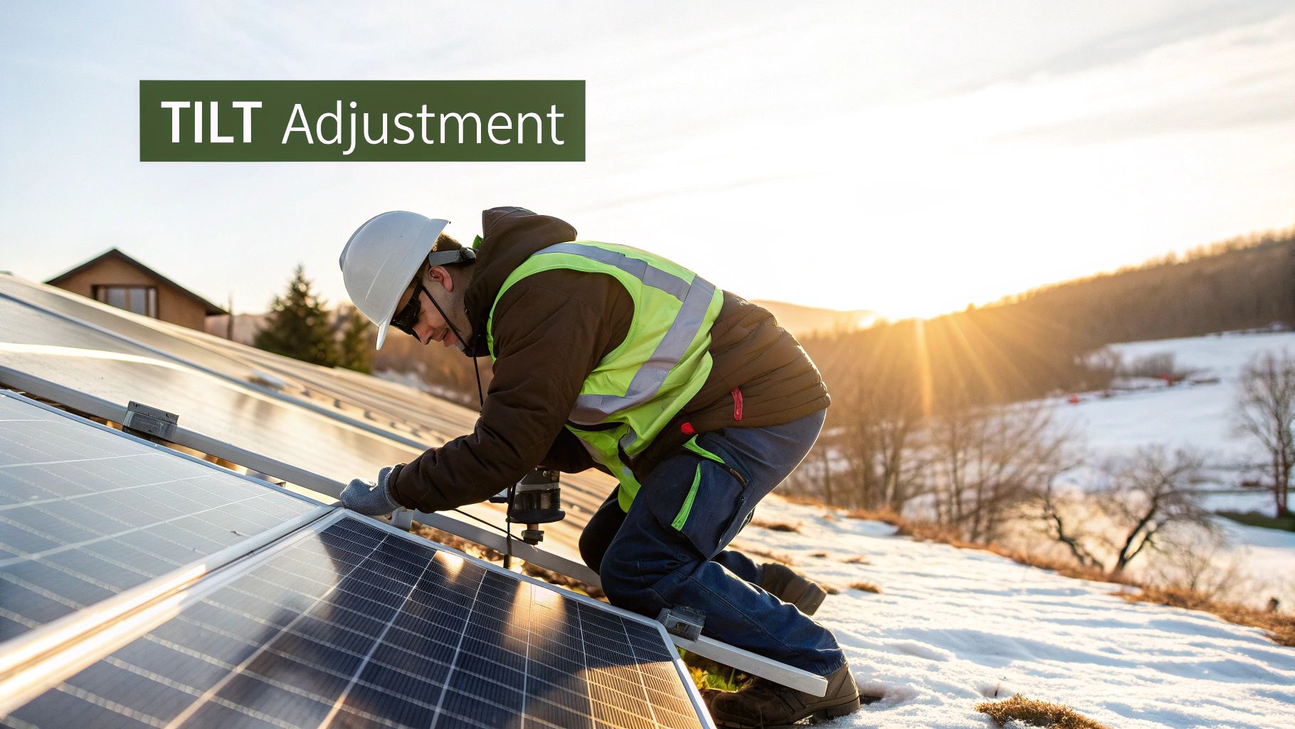 A person adjusting the tilt angle of a ground-mounted solar panel in a snowy field.