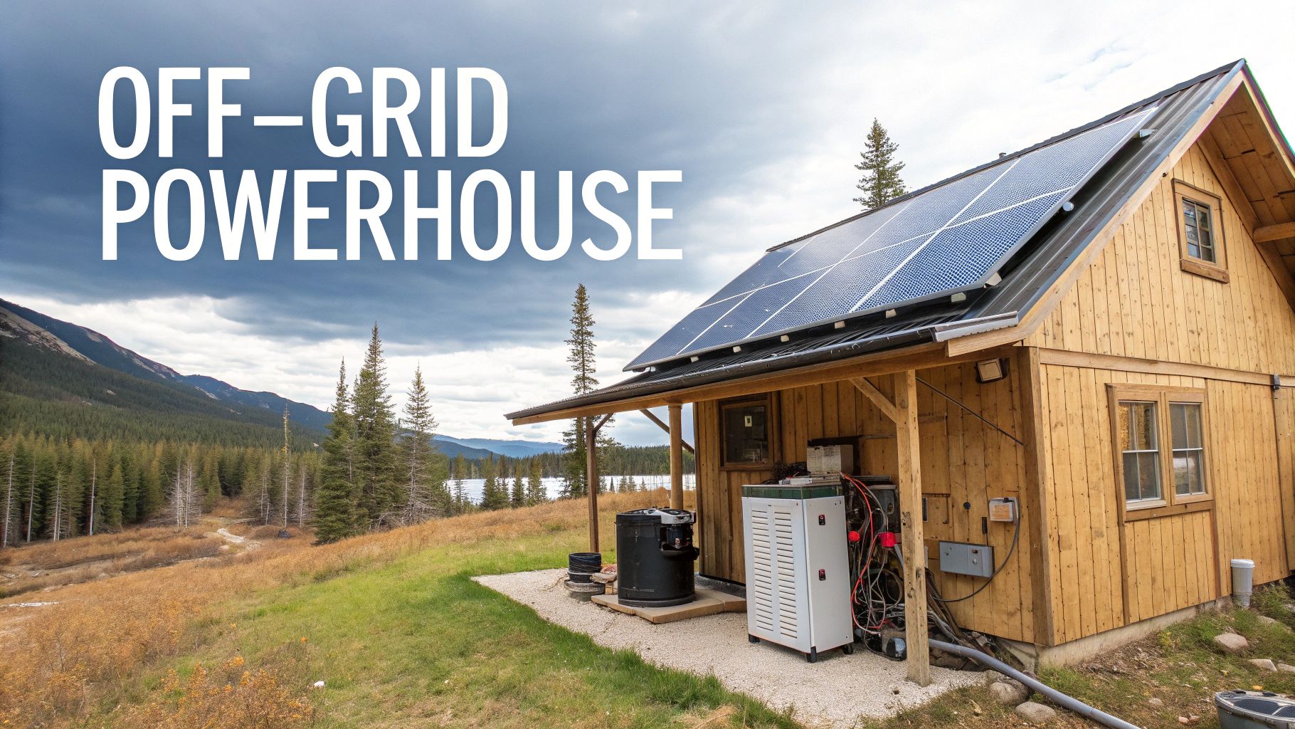 Off-grid solar panels with a modern home battery system in the background