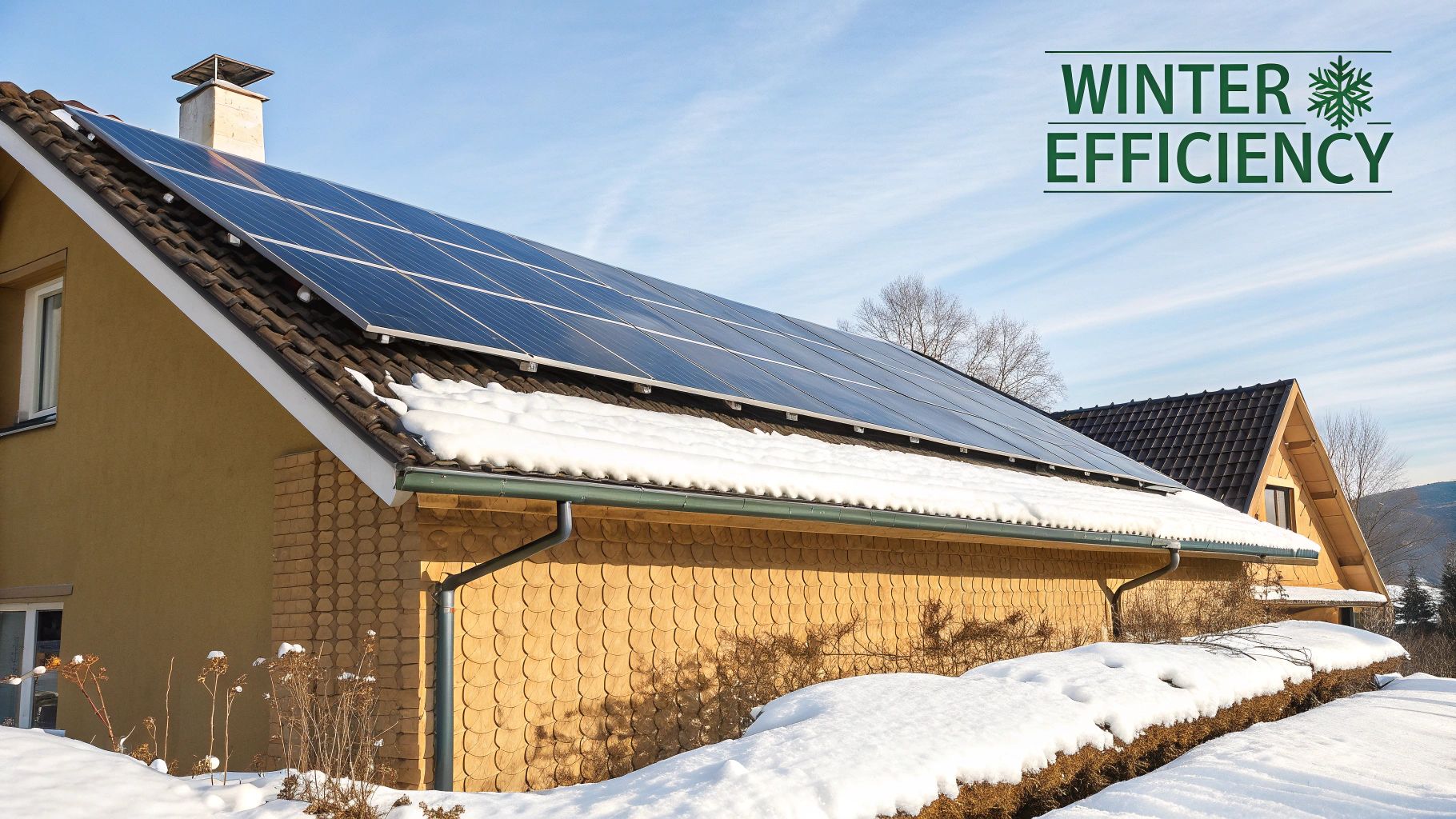 A snow-covered roof with solar panels that are clear of snow and absorbing sunlight.