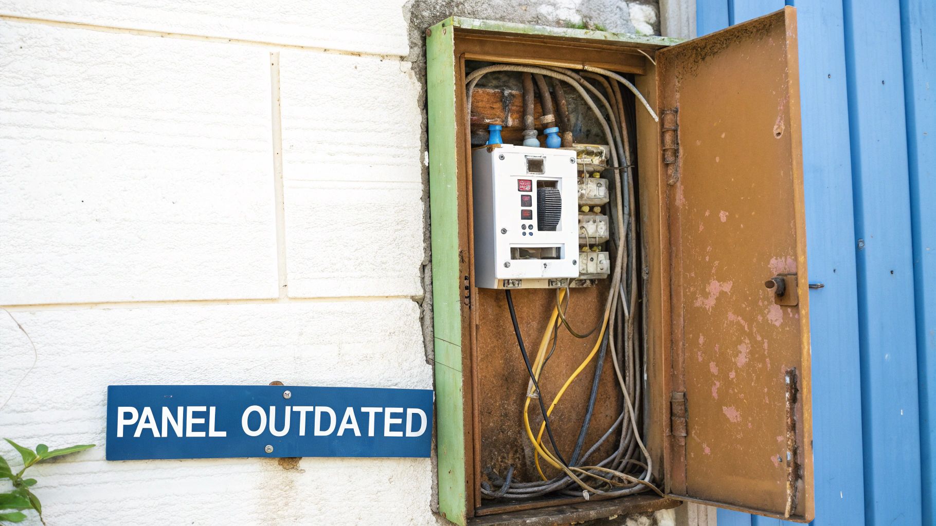 An electrician inspecting an older electrical panel for potential issues.