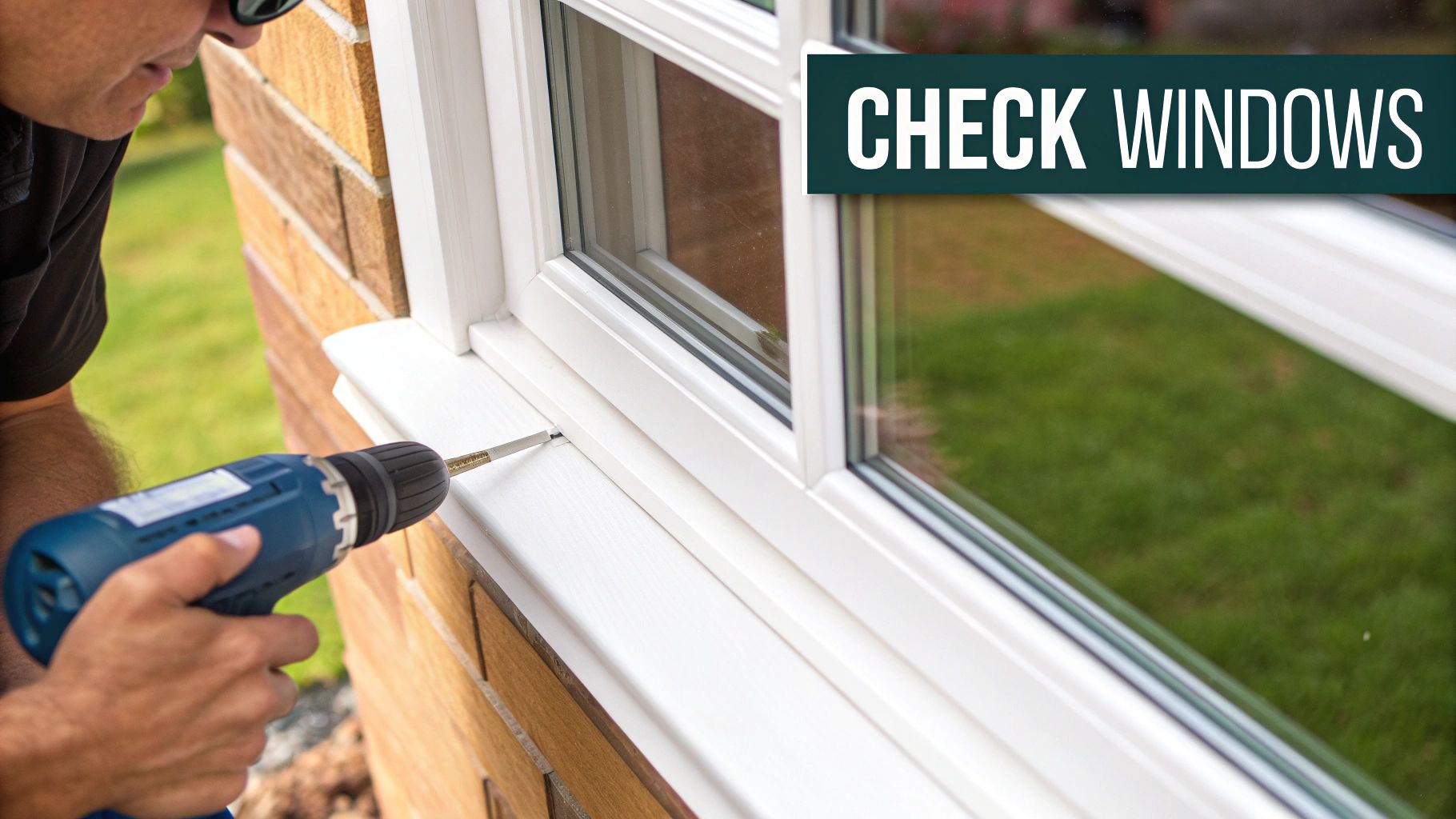 A person using a caulk gun to seal the frame of a window, an important step in assessing and improving window and door condition.