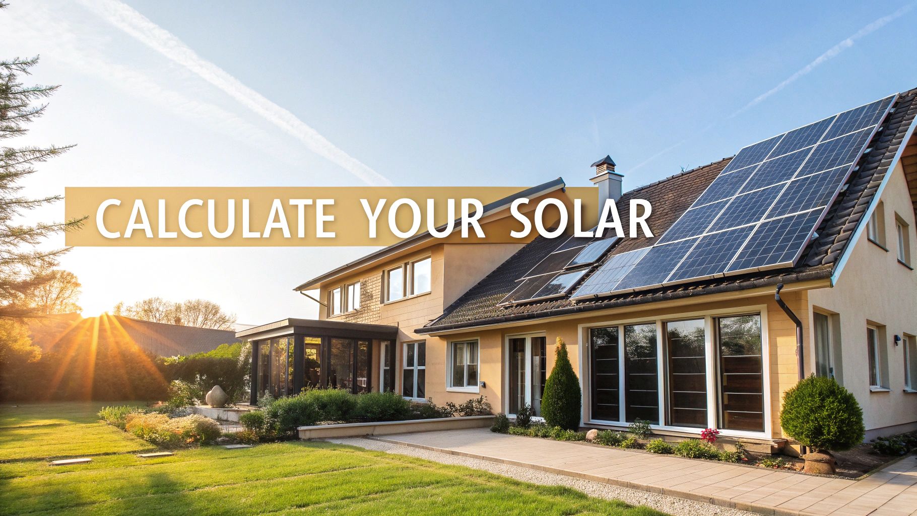 A house with solar panels on the roof with the sun shining.