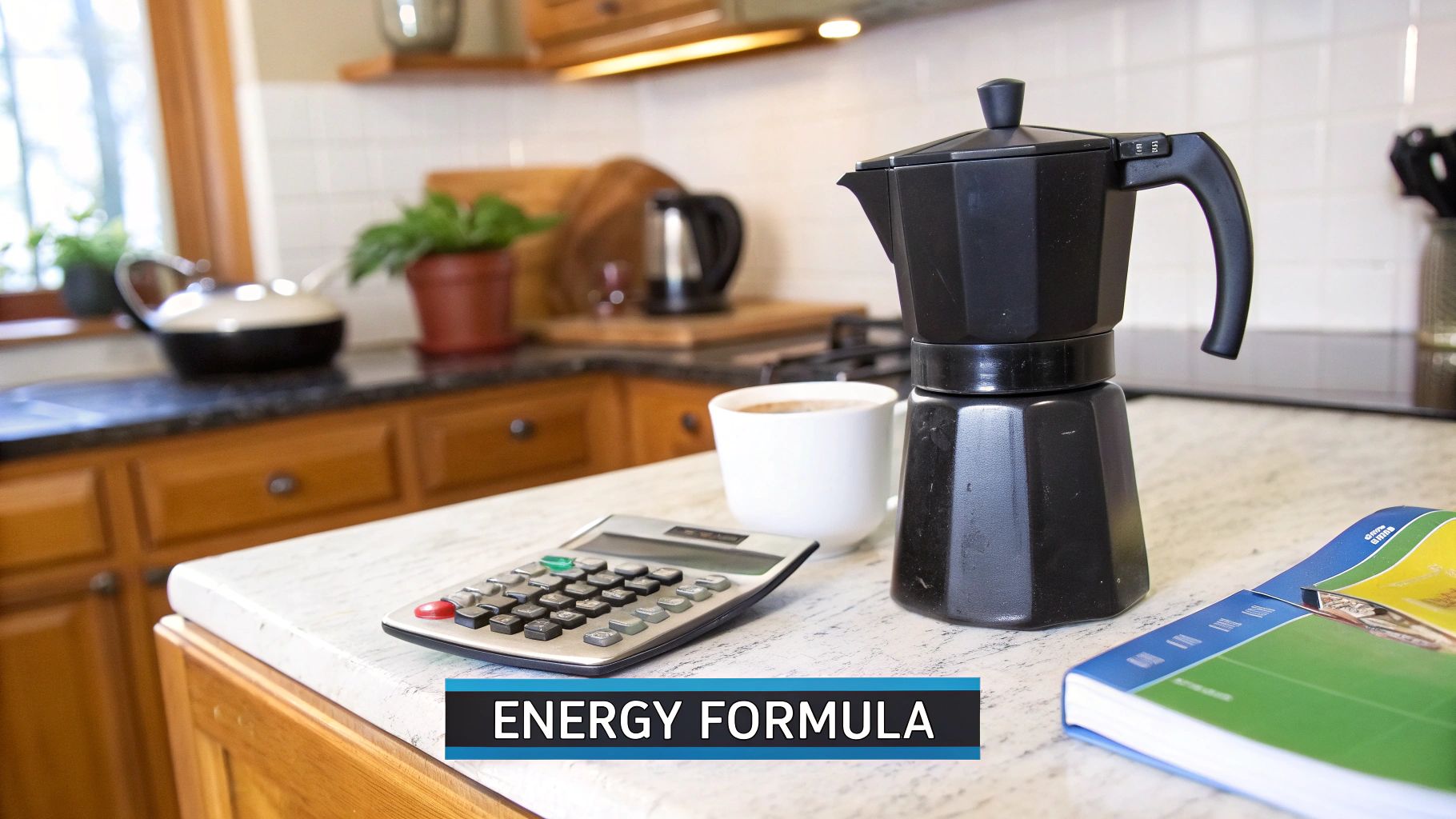 A person using a calculator with an electricity bill and a lightbulb in the background, symbolizing energy calculation.