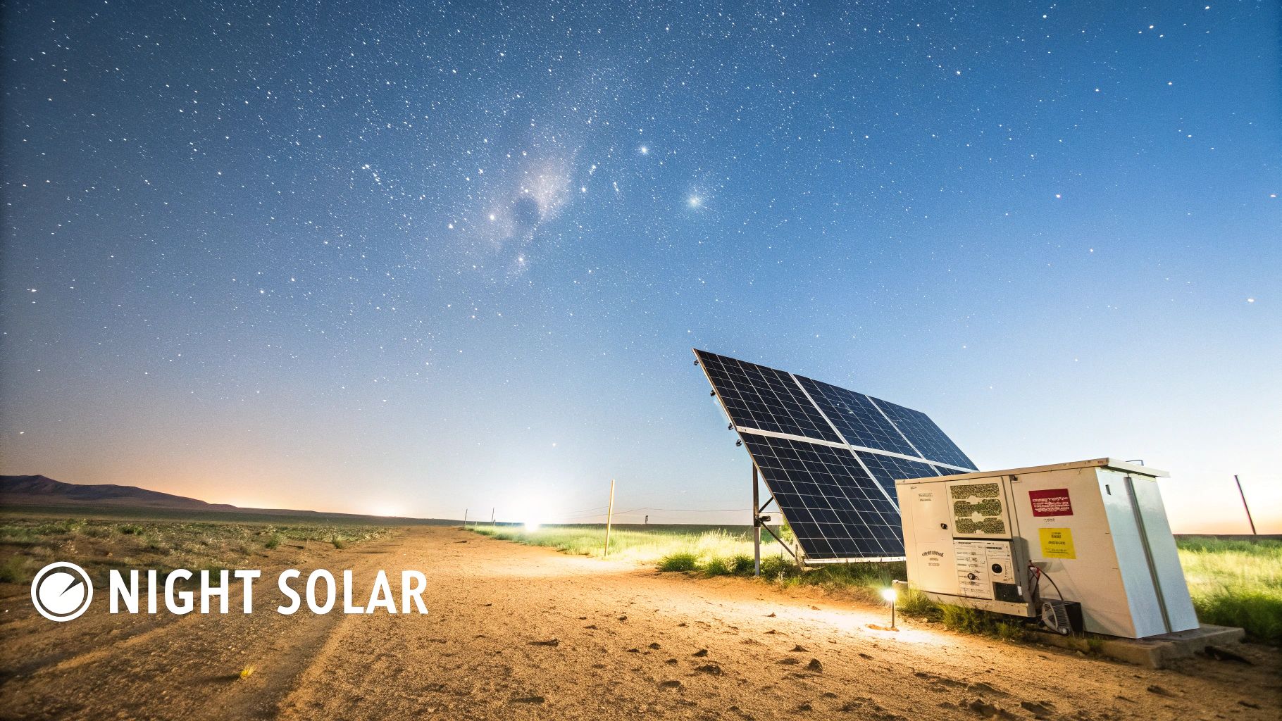 A futuristic solar panel under a starry night sky, with faint energy lines radiating upwards.