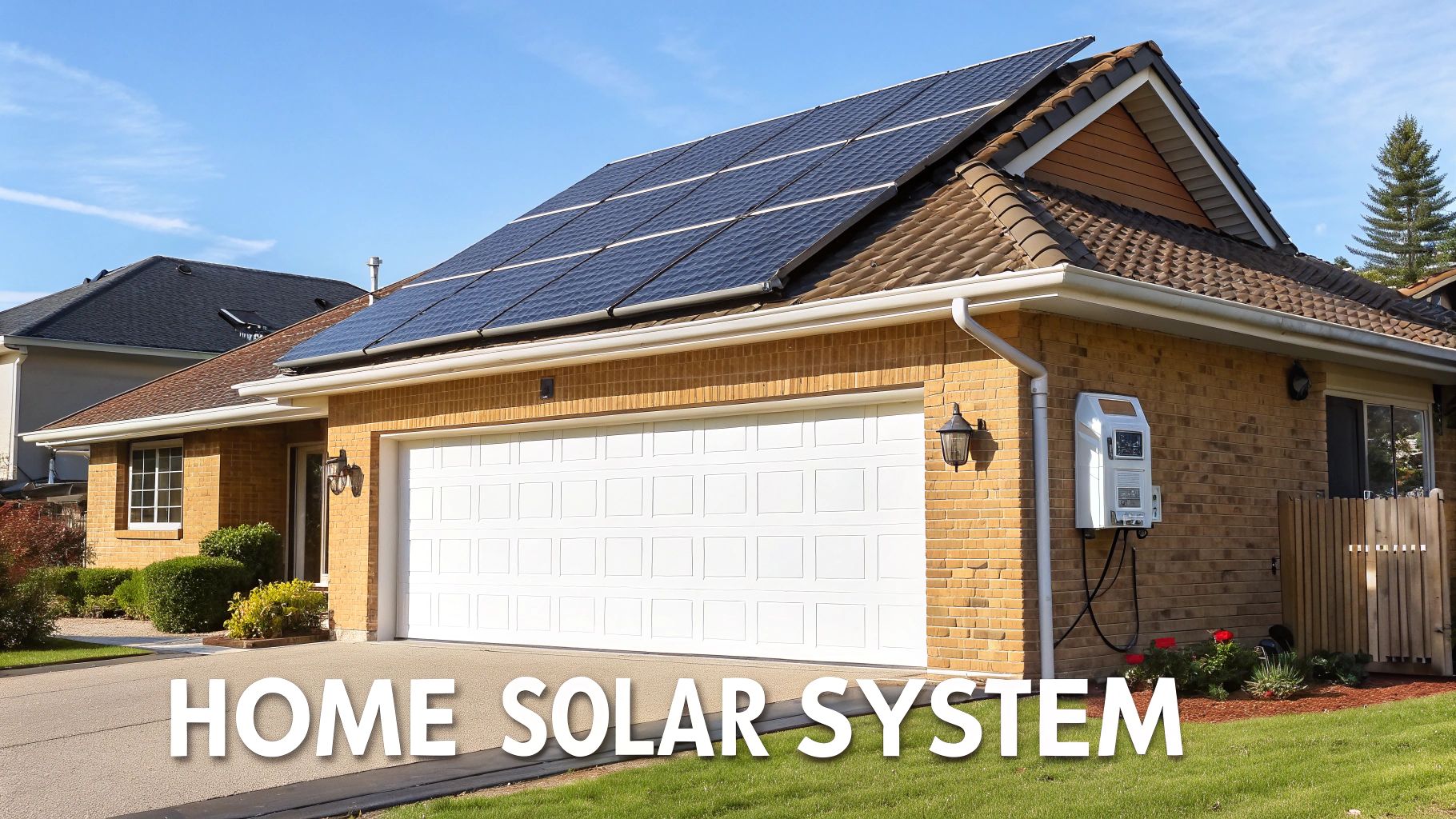 A residential home with a complete solar system installed on the roof, showing panels, mounting hardware, and the sun shining brightly