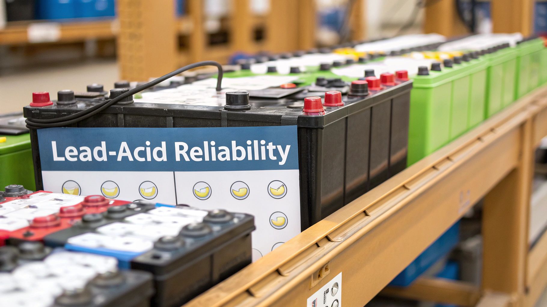 A bank of deep-cycle lead-acid batteries connected in an off-grid solar system.