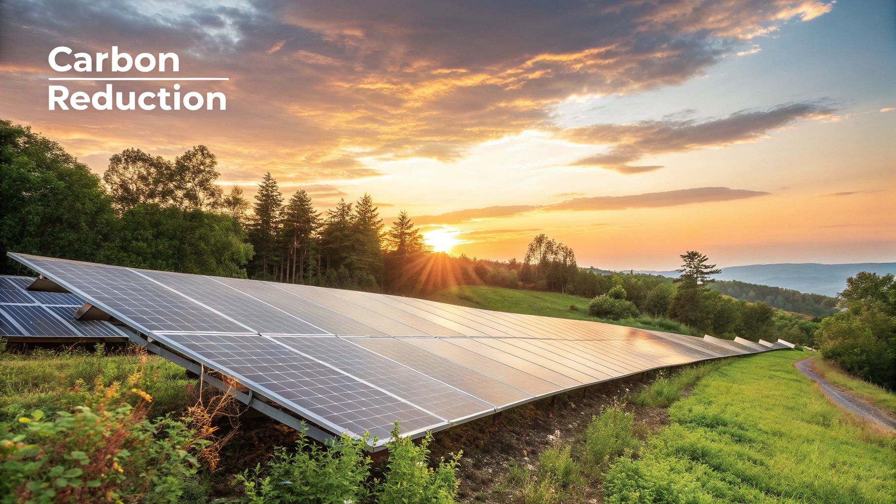 A lush green landscape with a single wind turbine and solar panels, representing clean energy.