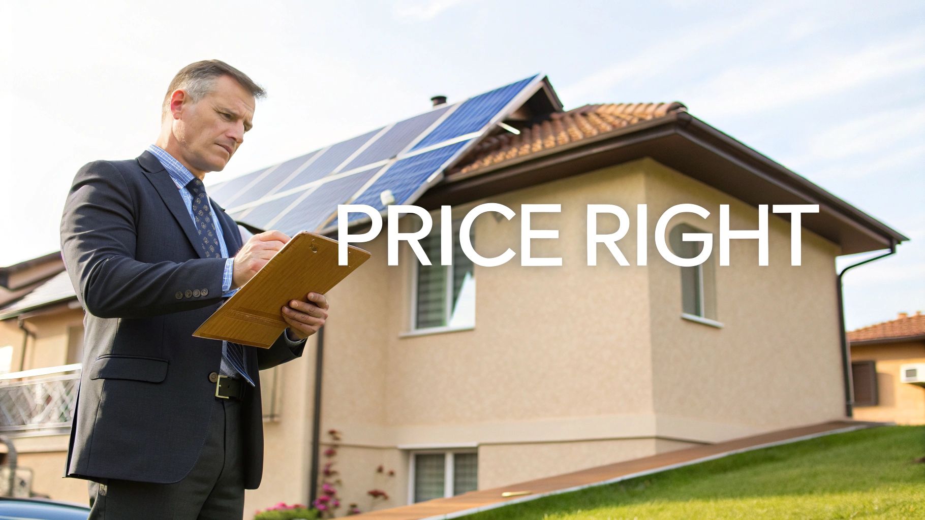 A real estate appraiser evaluating a home with solar panels, a calculator and clipboard in hand.