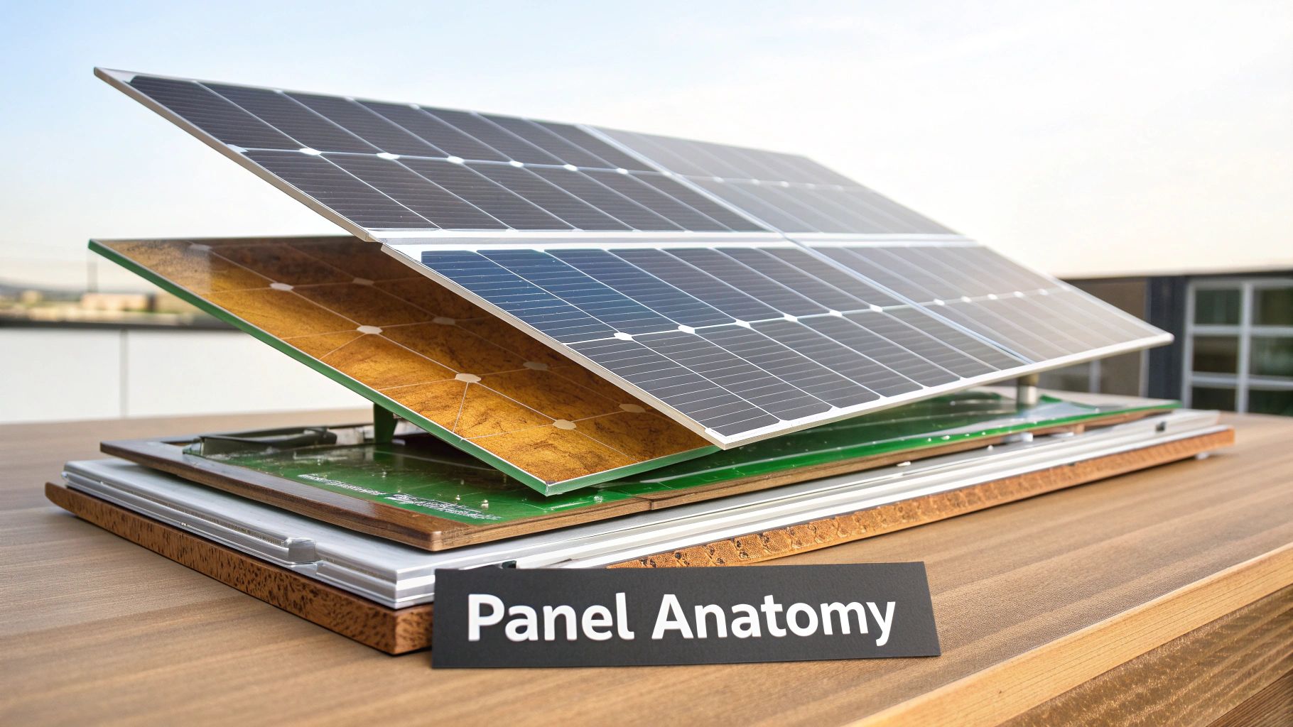 An exploded view of a modern solar panel's layers