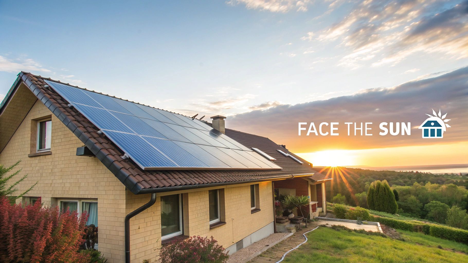 A modern home with solar panels installed on its roof, angled towards the sun.