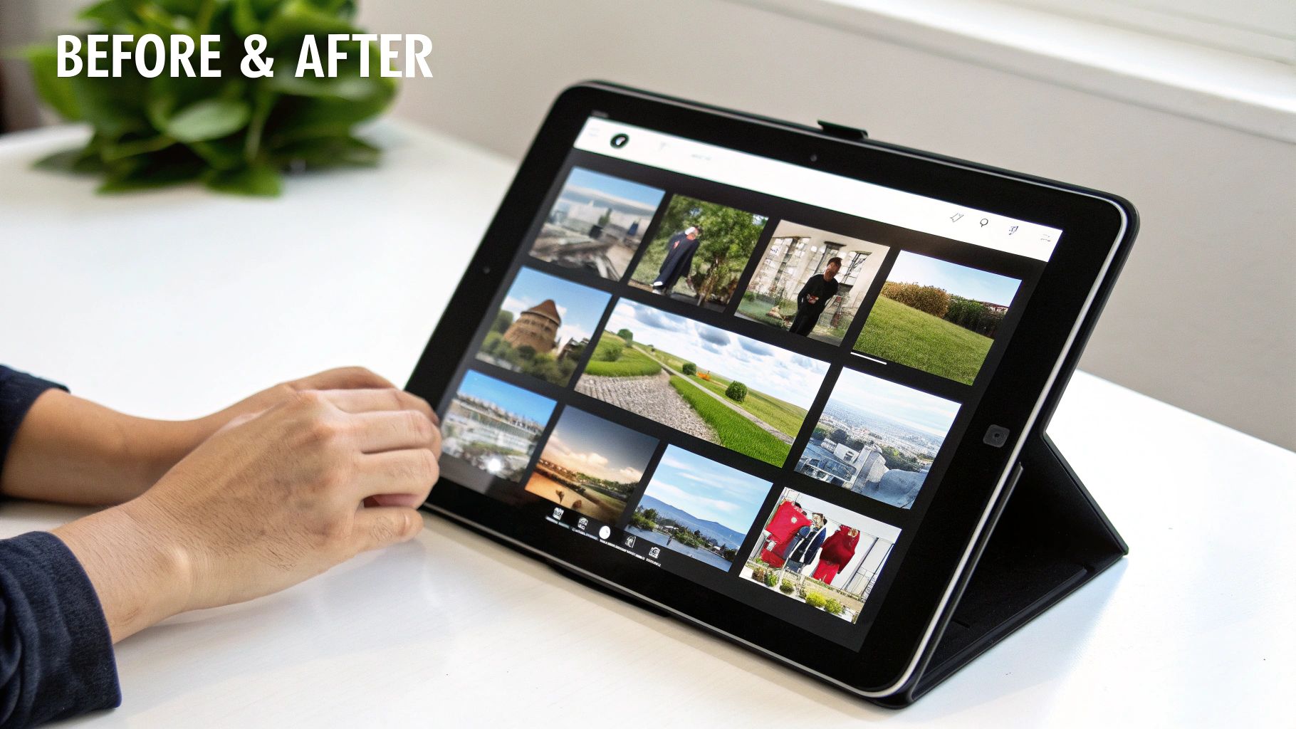A person's hands interact with a tablet displaying a gallery of photos on a white table.