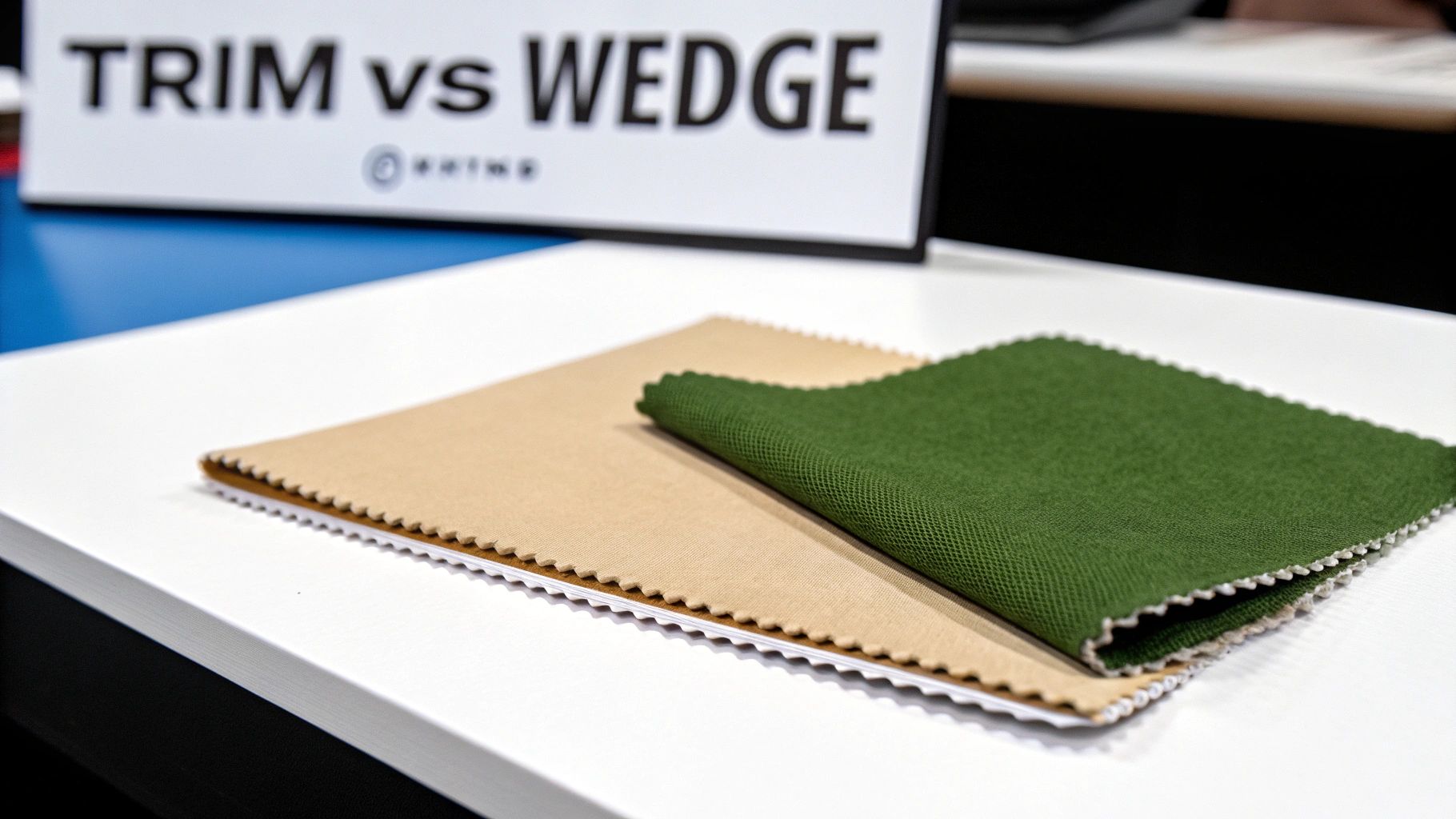 Two fabric swatches, beige and green, with zigzag edges, on a white table with a 'TRIM vs WEDGE' sign.
