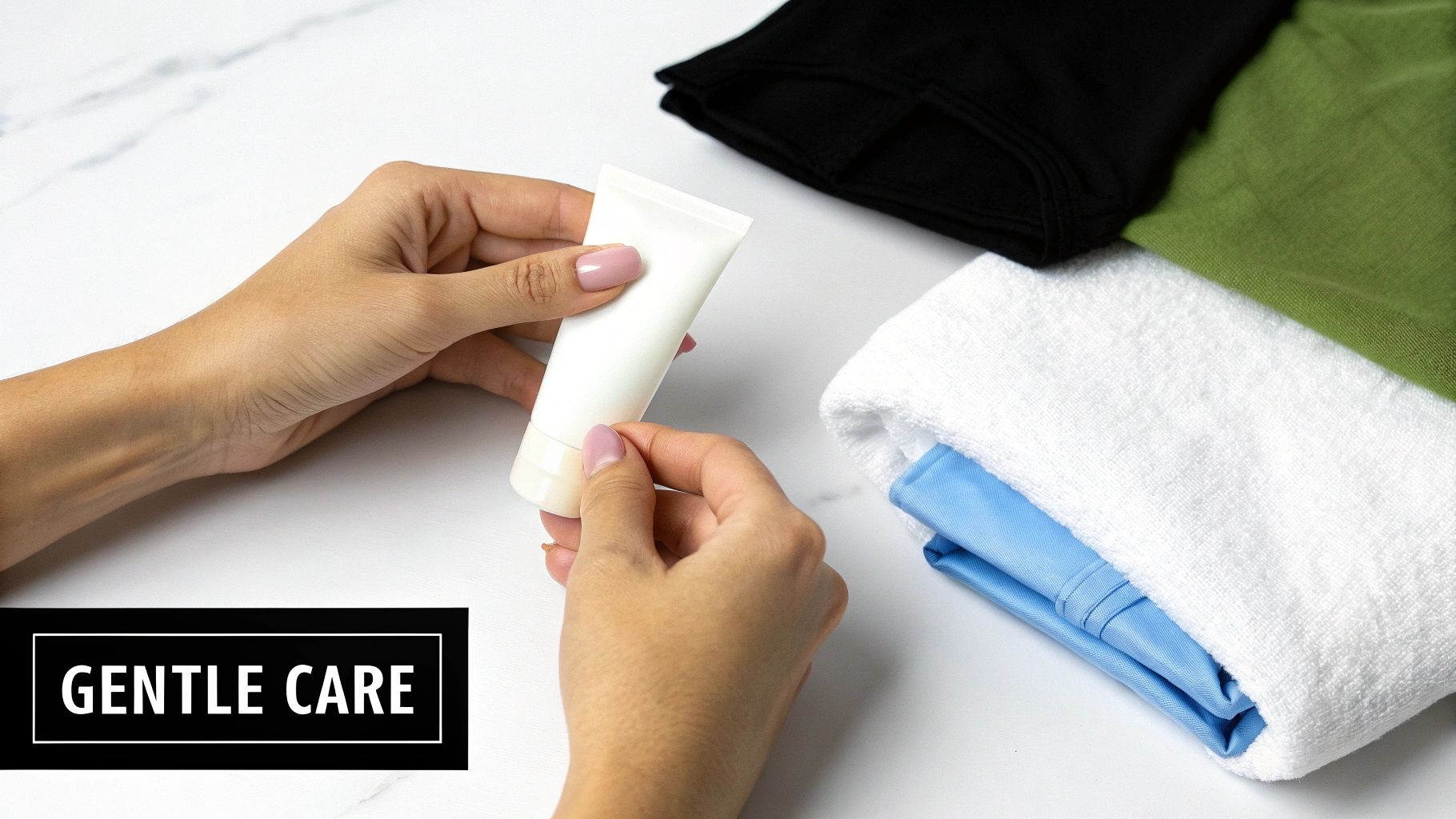 A person's hands gently hold a white cream tube on a marble surface with folded clothes.