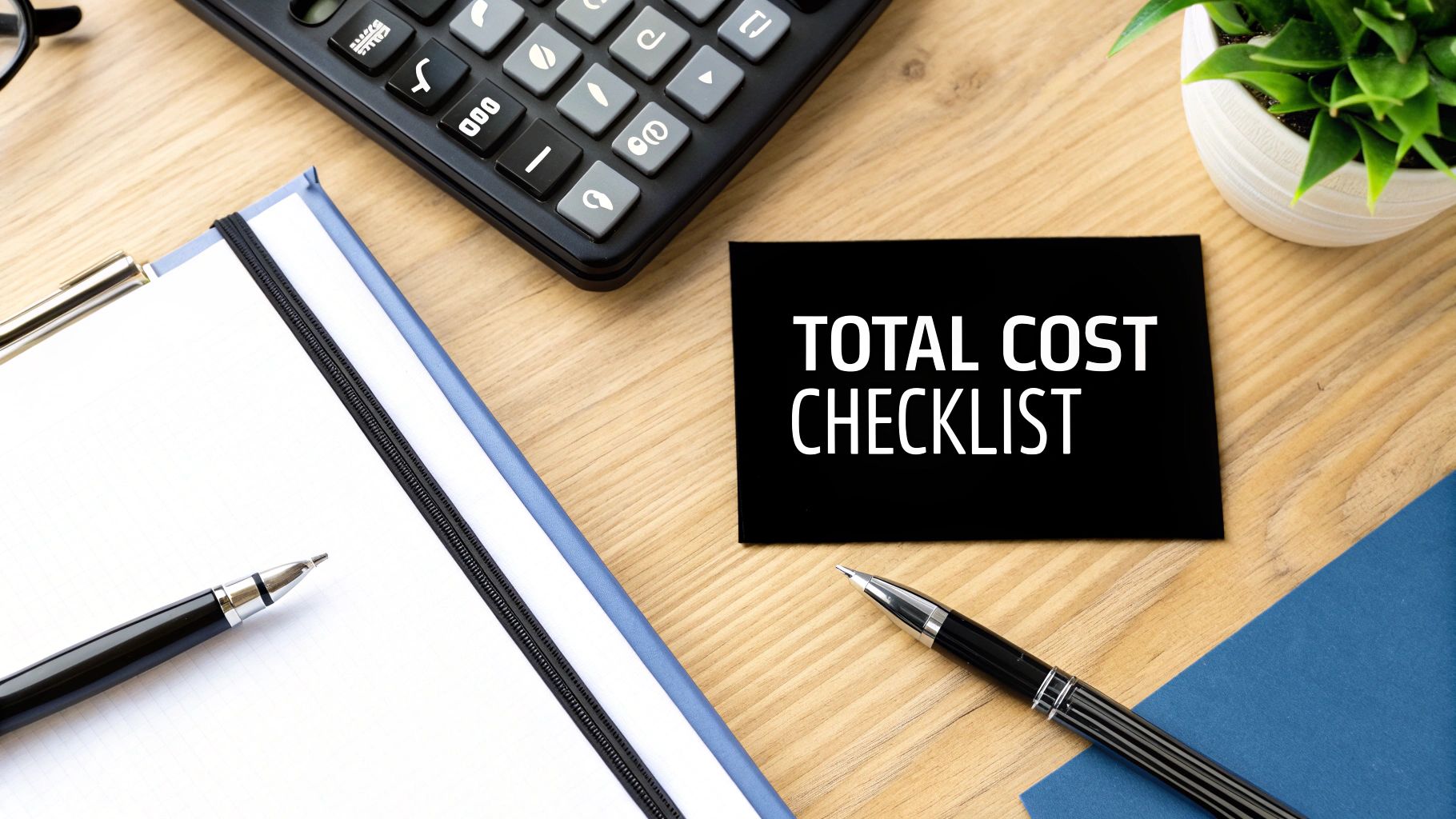 A flat lay shows a desk with a calculator, notepad, pen, and a card reading 'TOTAL COST CHECKLIST'.