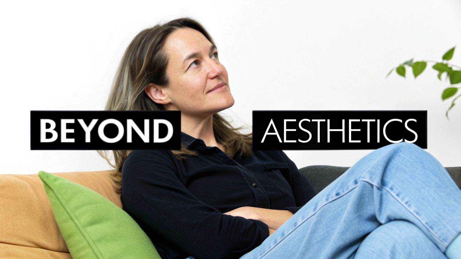 A thoughtful woman reclines on a couch with text "BEYOND AESTHETICS" displayed prominently.