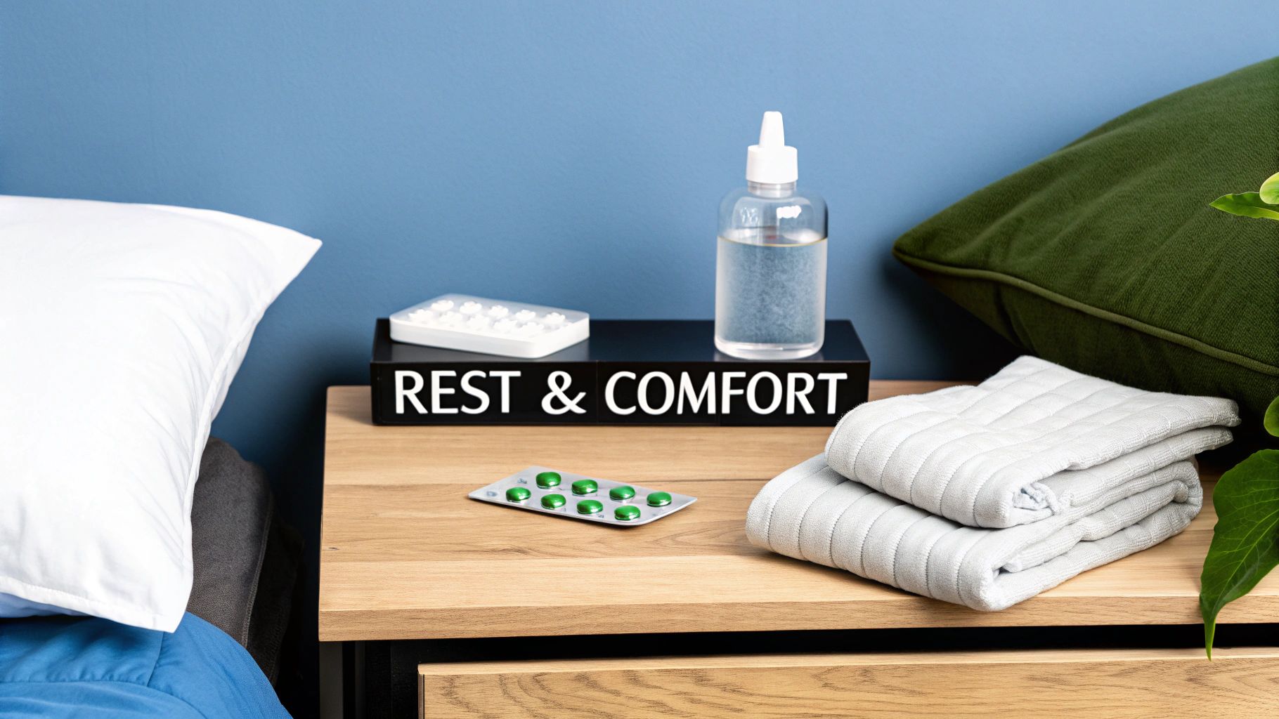 A bedside table with a 'REST & COMFORT' sign, pills, a water bottle, and towels, suggesting recovery.