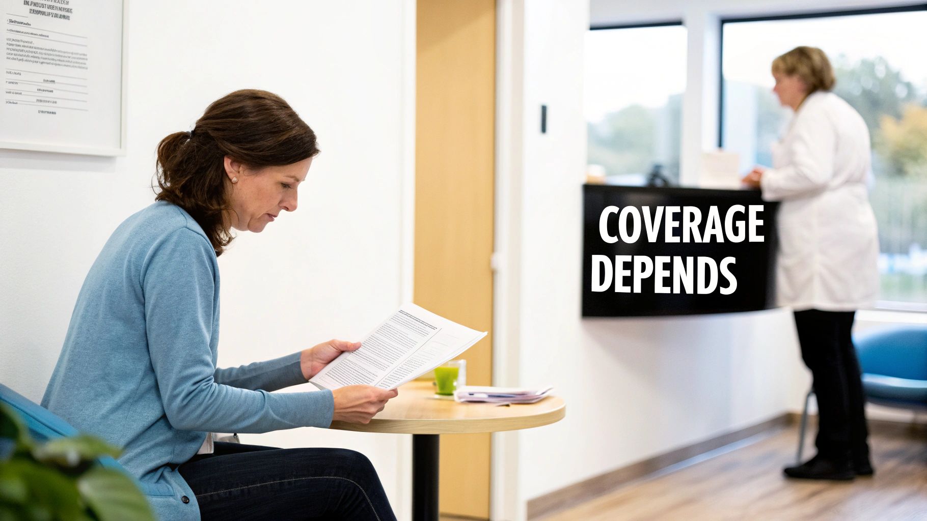 A woman in a blue sweater reads documents in a medical waiting room, with "COVERAGE DEPENDS" on a sign.