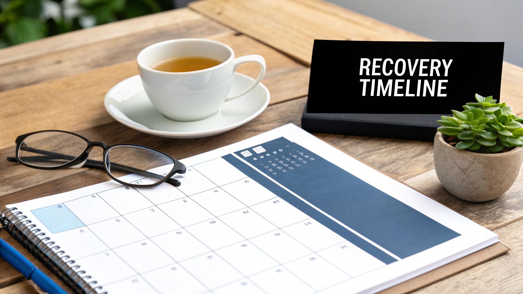 A desk setup with a 'RECOVERY TIMELINE' sign, calendar, glasses, tea, and a succulent.