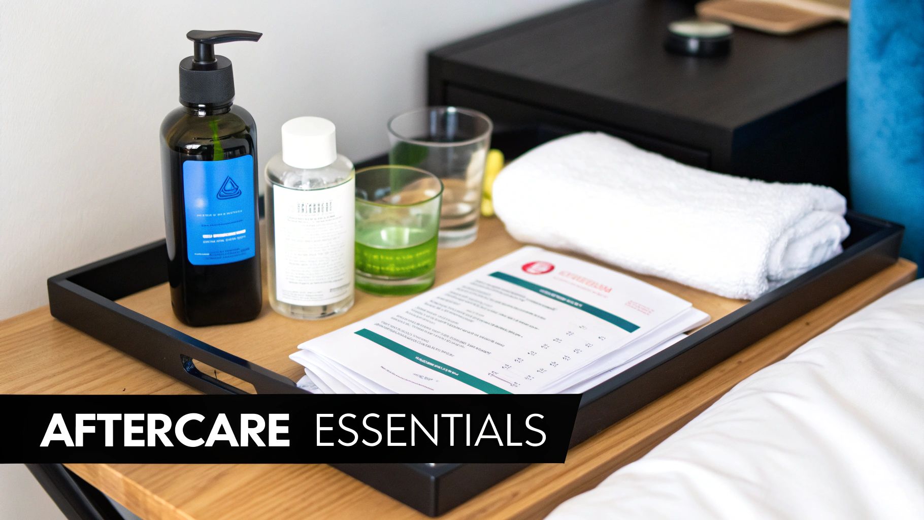 A black tray on a wooden table holds aftercare essentials: lotion, tonic, glasses, a towel, and information sheets.