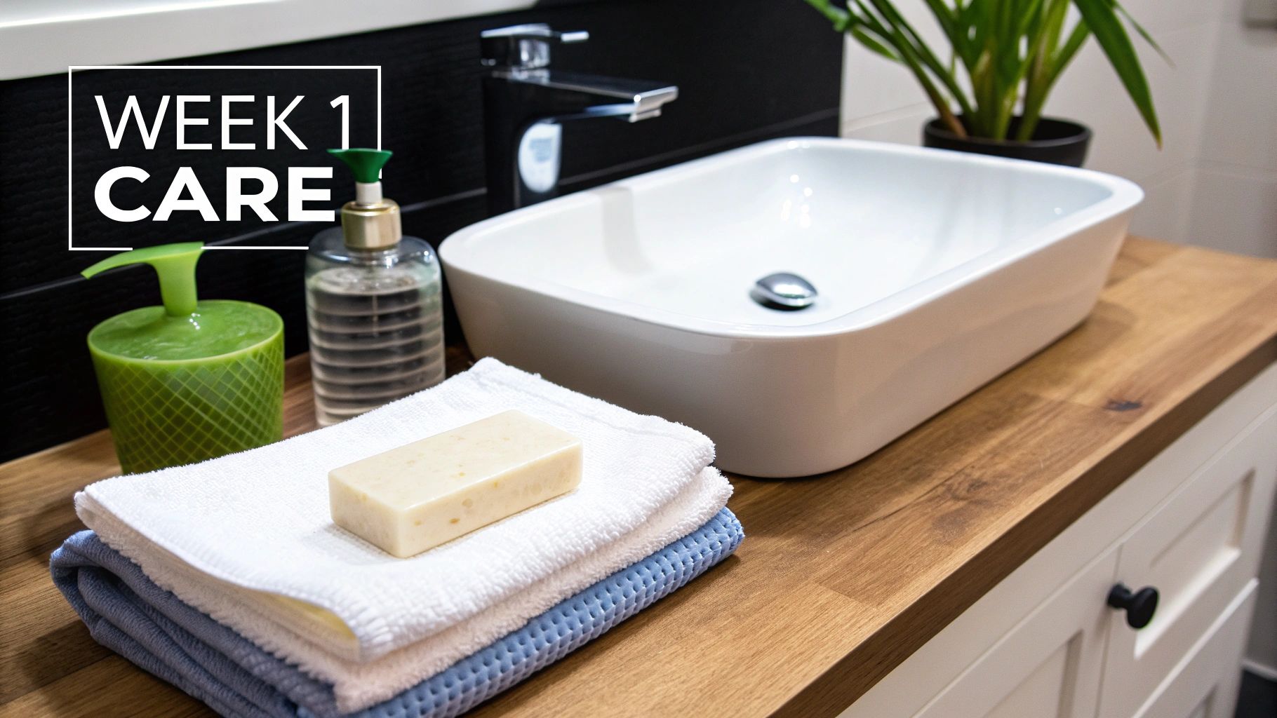 A clean bathroom counter with a white sink, soap, towels, and 'WEEK 1 CARE' text overlay.