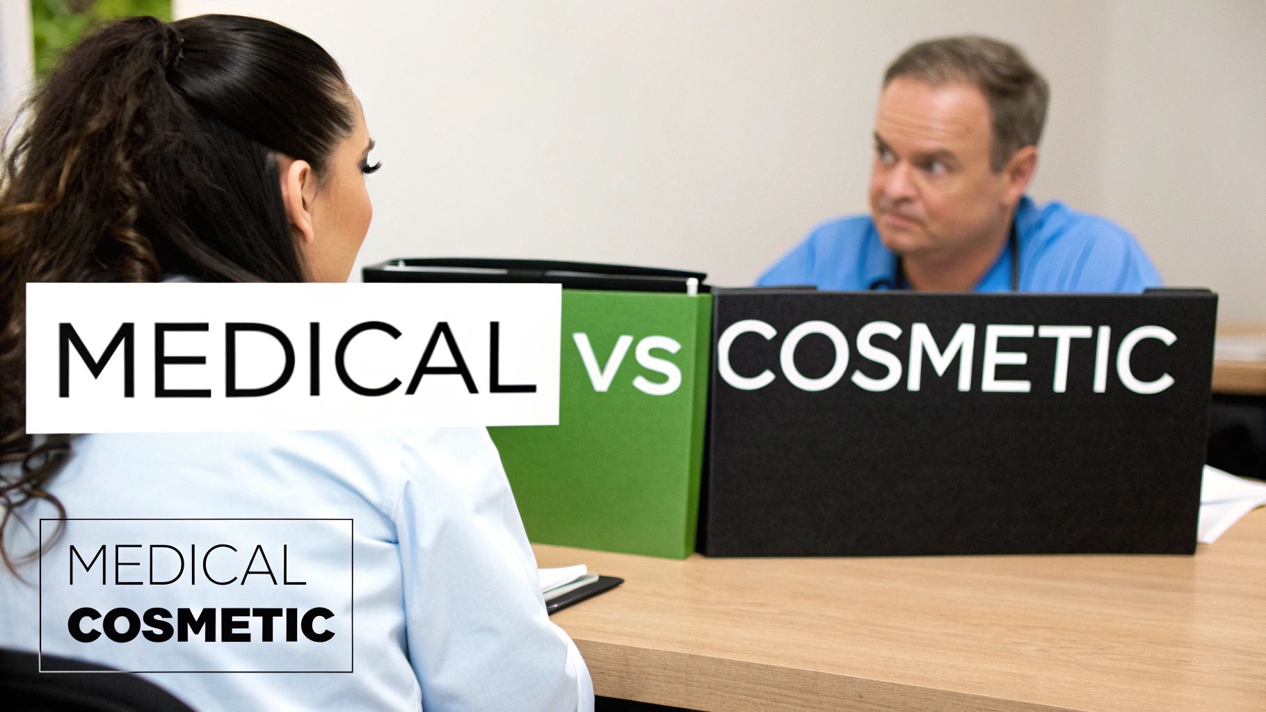 Two medical professionals with display boards contrasting medical versus cosmetic procedures.
