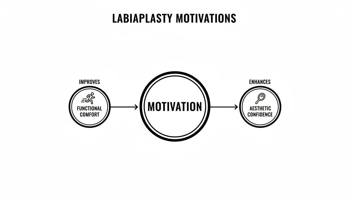 Diagram showing labiaplasty motivations: improved functional comfort and enhanced aesthetic confidence.