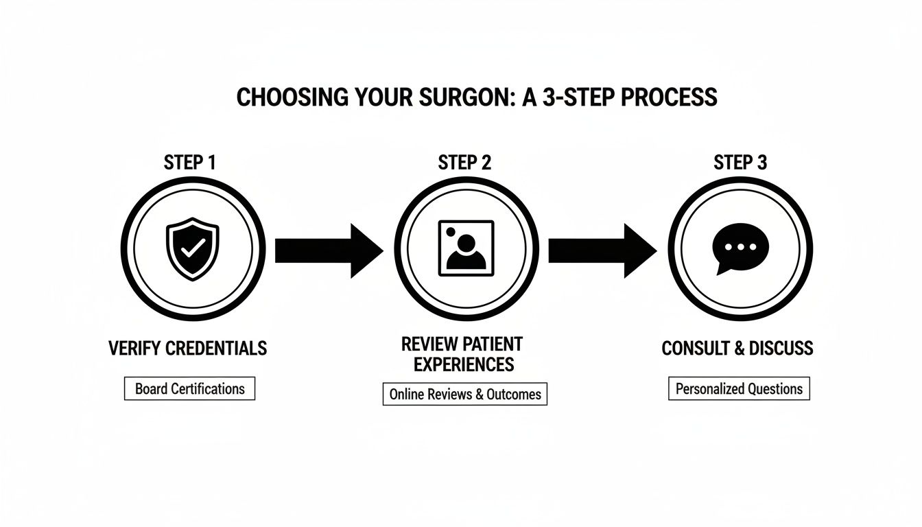 An infographic outlining a 3-step process for choosing a surgeon: Verify Credentials, Review Patient Experiences, and Consult & Discuss.