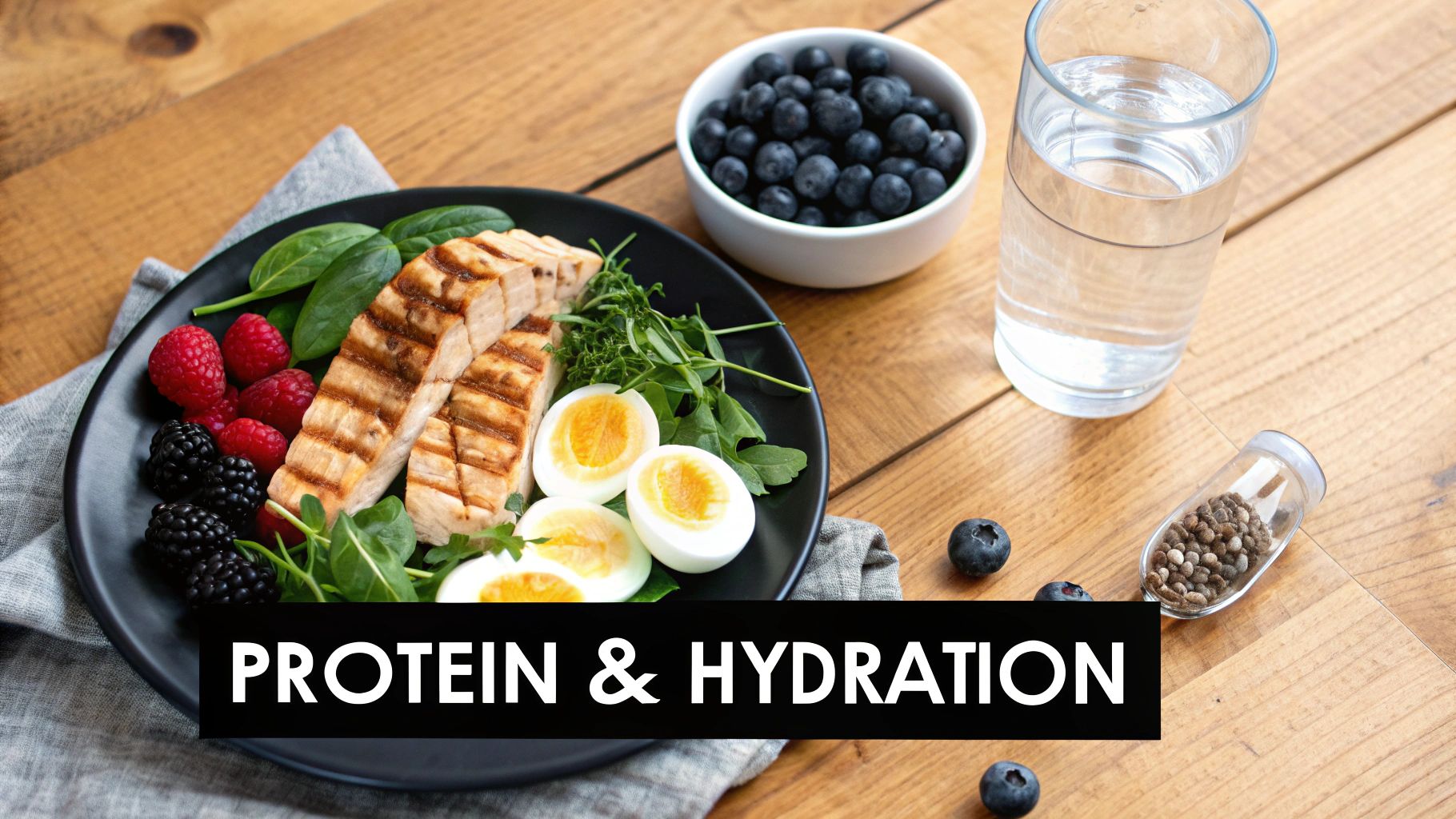Protein-rich meal featuring grilled chicken, eggs, berries, and greens, alongside a refreshing glass of water.