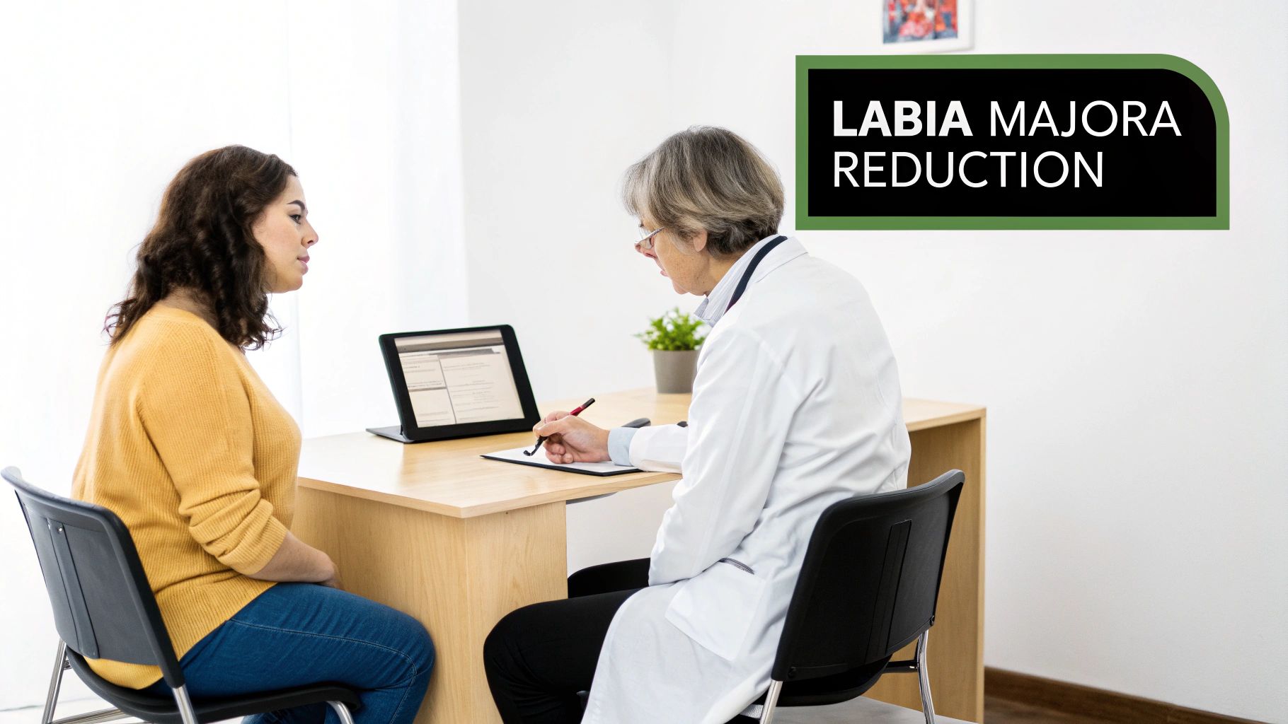 A woman consults with a doctor about labia majora reduction in a bright clinic office.