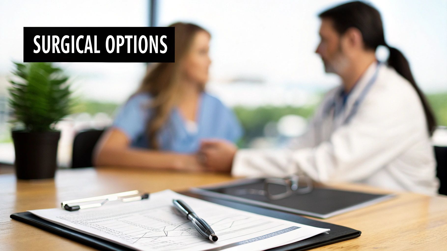A doctor discusses surgical options with a patient, with charts and a pen on the table.
