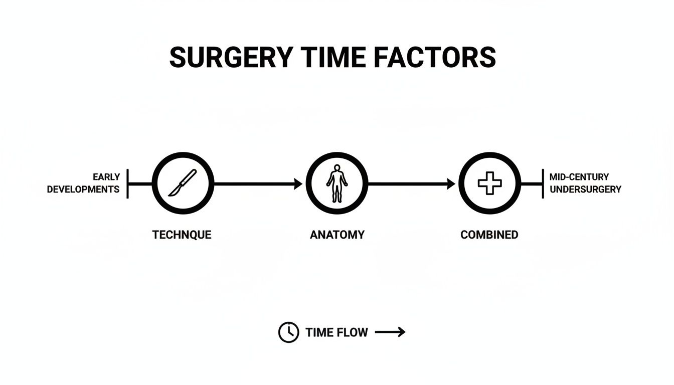 Diagram illustrating the historical progression of surgery time factors: technique, anatomy, and their combined influence.