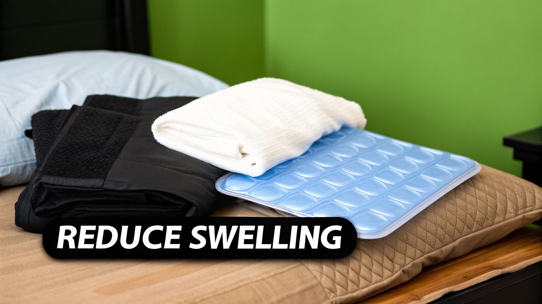 A blue gel pack, white towel, and black garments on pillows, prepared to reduce swelling.