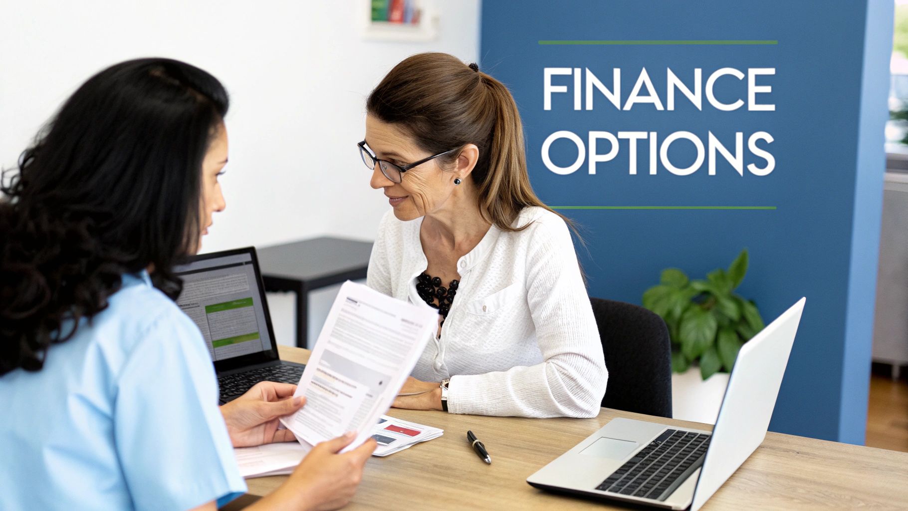 Two women discuss finance options at a desk with laptops and documents.