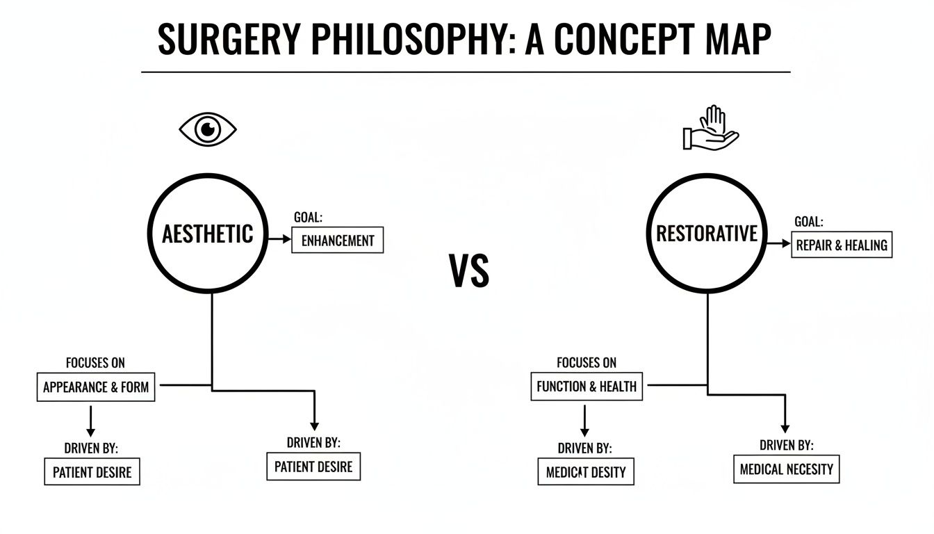 Concept map comparing aesthetic and restorative surgery philosophies, highlighting goals, focus, and driving factors.