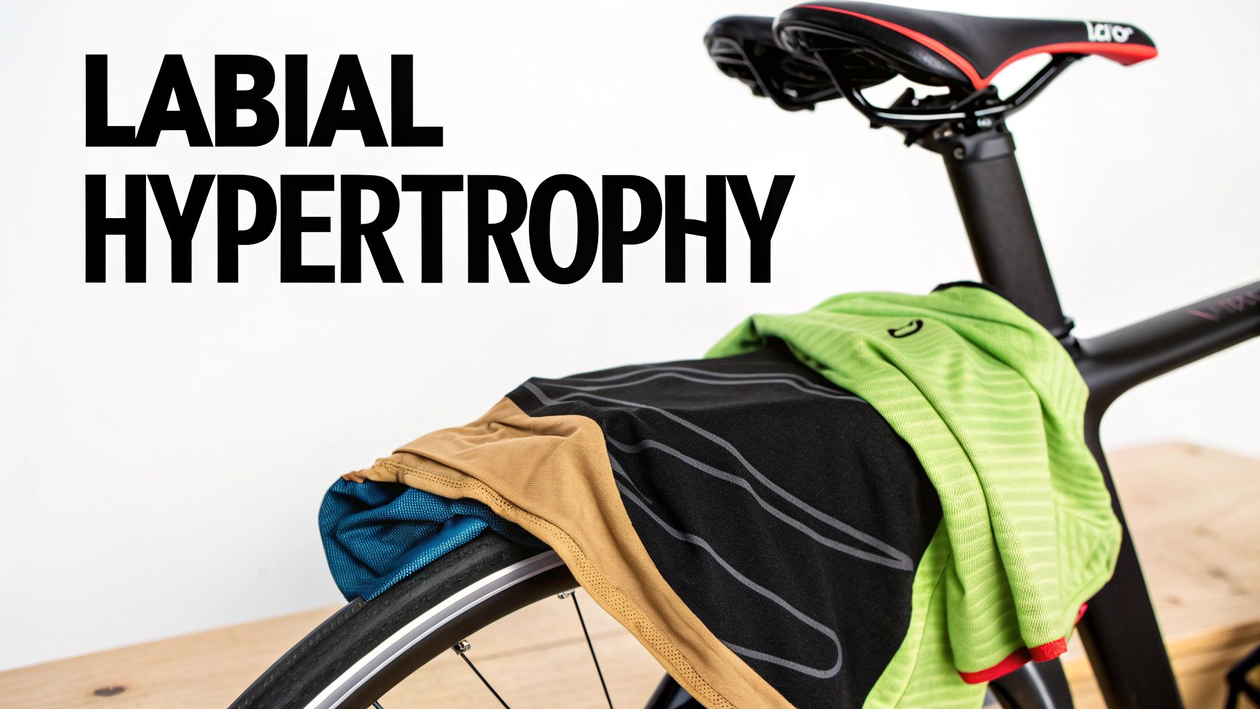 A bicycle with athletic clothing draped on its wheel and seat post, with 'LABIAL HYPERTROPHY' text.