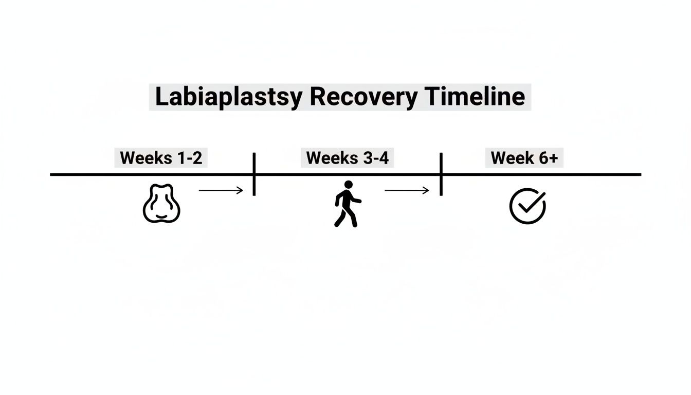 Labiaplasty recovery timeline graphic, showing initial healing for weeks 1-2, light activity for weeks 3-4, and full recovery by week 6+.