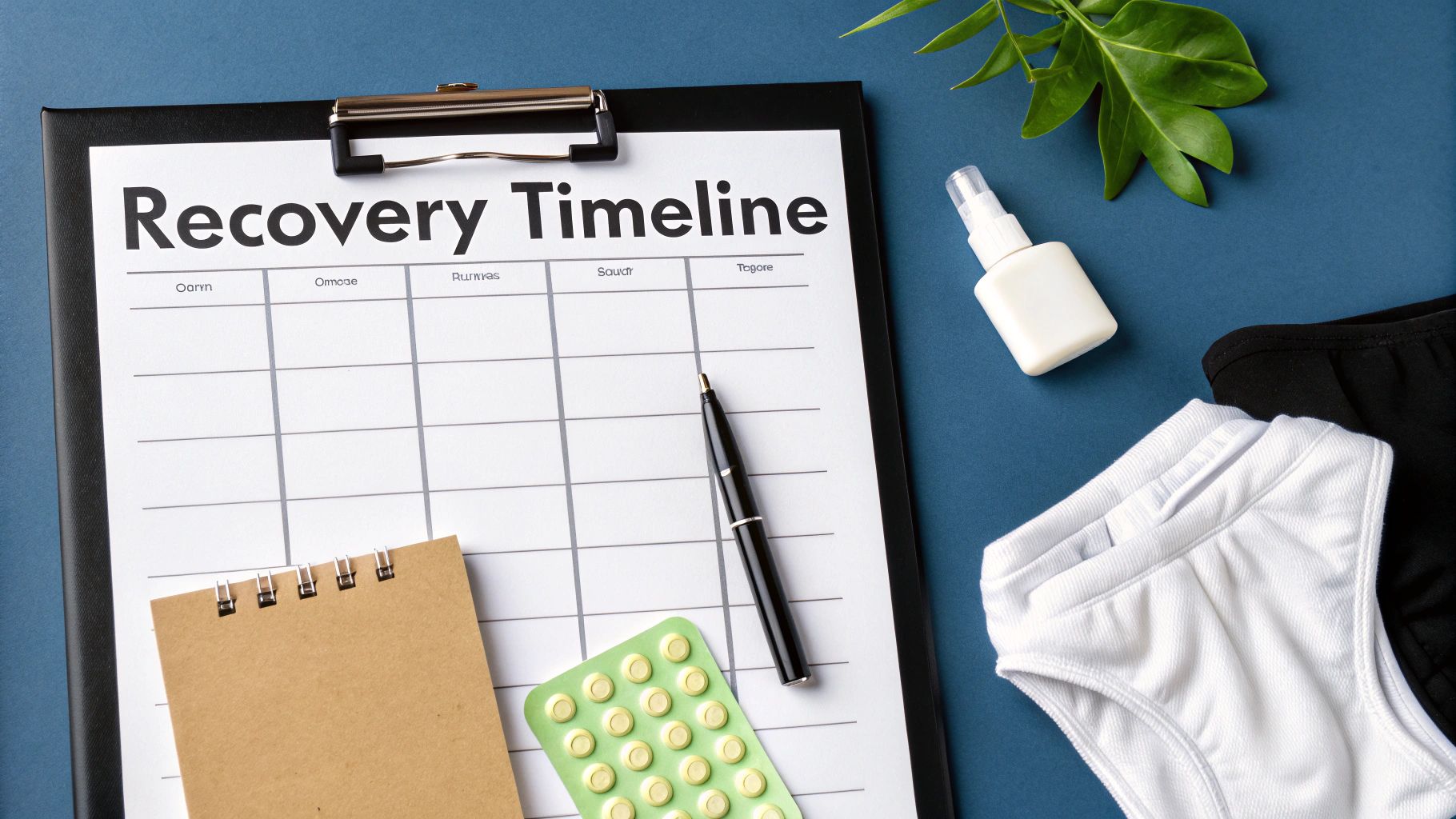 A flat lay displays a 'Recovery Timeline' on a clipboard, alongside pills, a pen, spray bottle, and underwear, suggesting medical recovery.