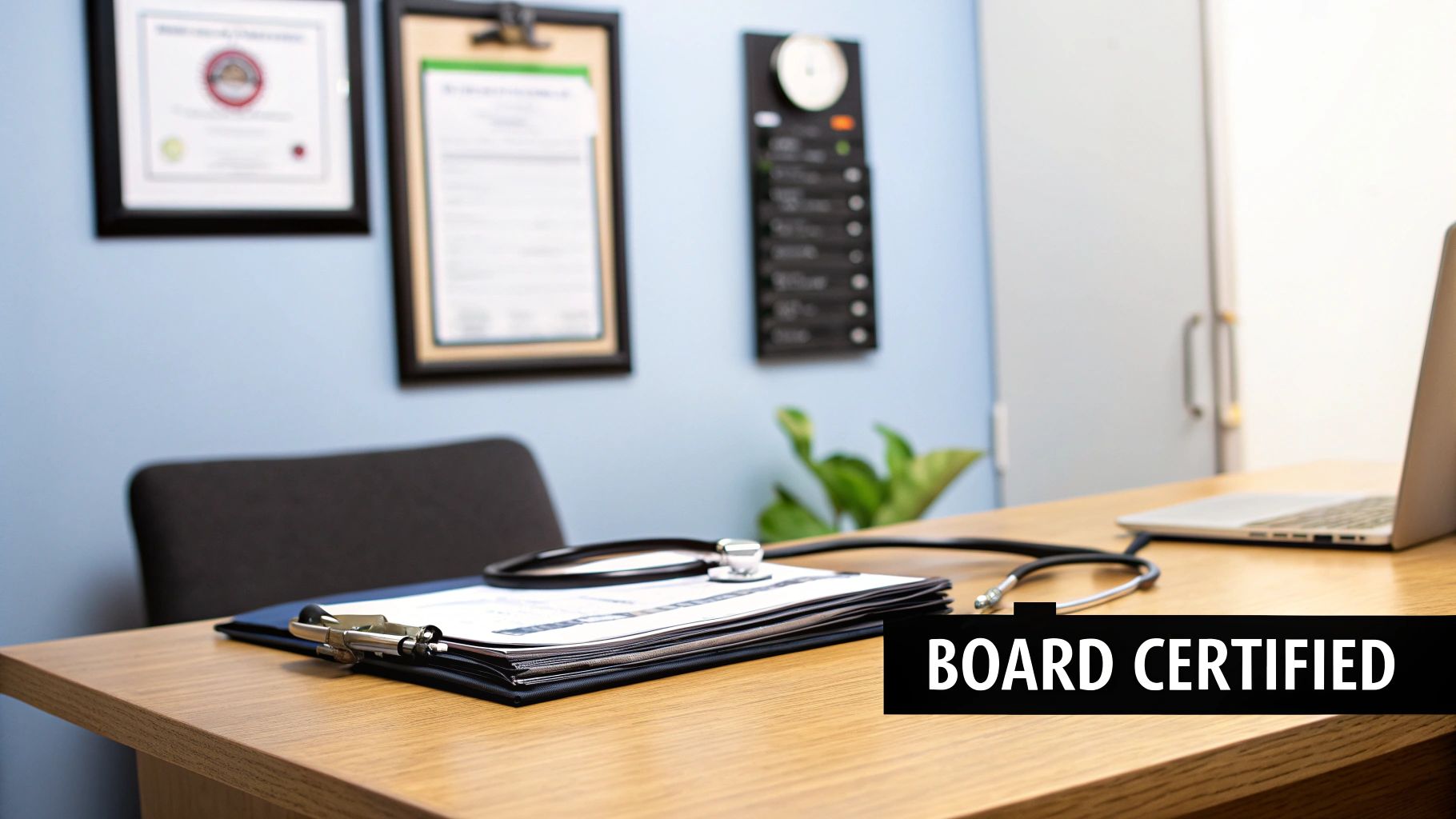 A professional medical office with a desk, stethoscope, laptop, and framed certifications on a blue wall.
